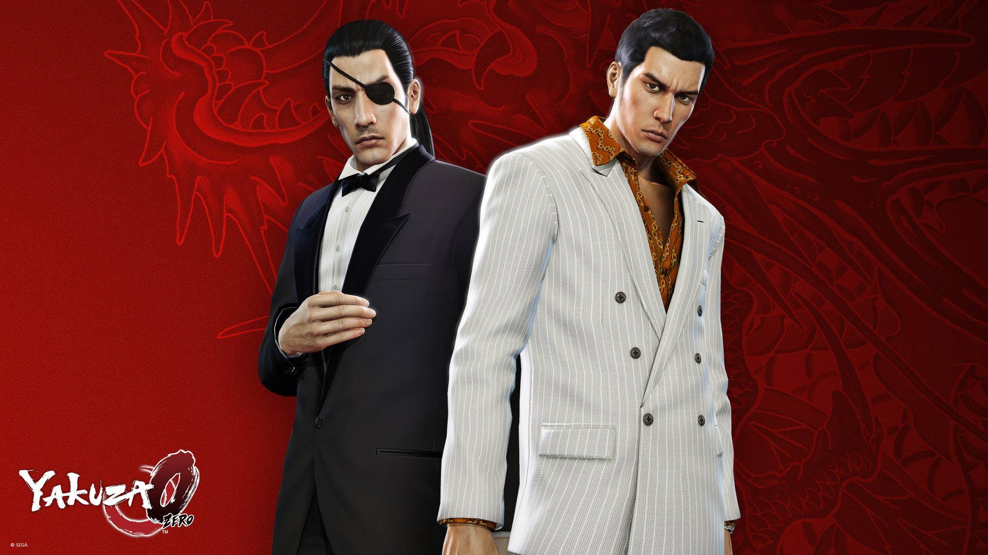 Majima Goro 桌布 壁紙 — 兩位身穿筆挺西裝的嚴肅黑幫男子，在電子遊戲宣傳中站在紅色龍紋背景前。