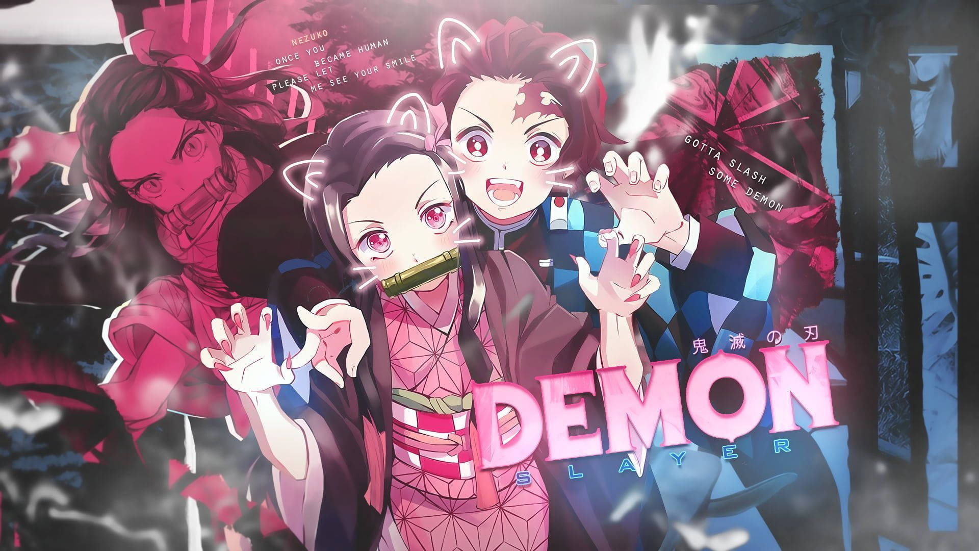 Tanjiro And Nezuko 桌布 壁紙 — 兩位身穿粉紅色和藍色服裝、帶有貓耳和發光眼睛的動漫惡魔獵人，在黑暗都市背景下動態擺姿勢，並有浮動文字。