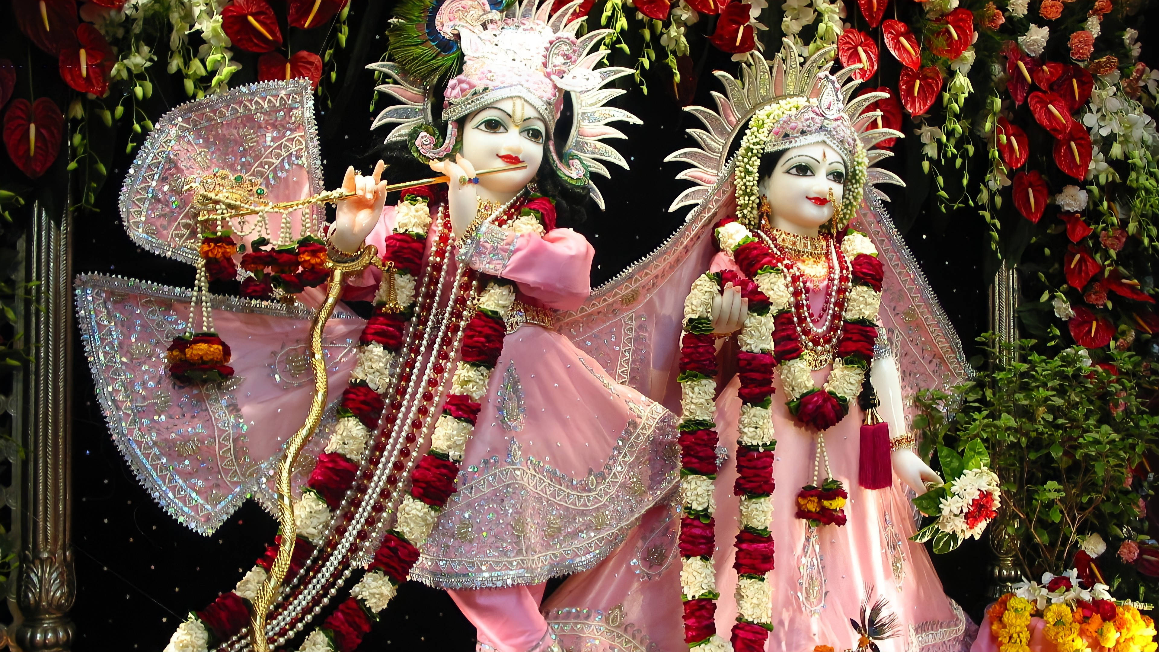 radha krishna 3d 桌布 壁紙 — 兩位身穿粉紅色服飾、裝飾華麗的印度教神祇，站在鮮豔的紅白花卉裝飾中。