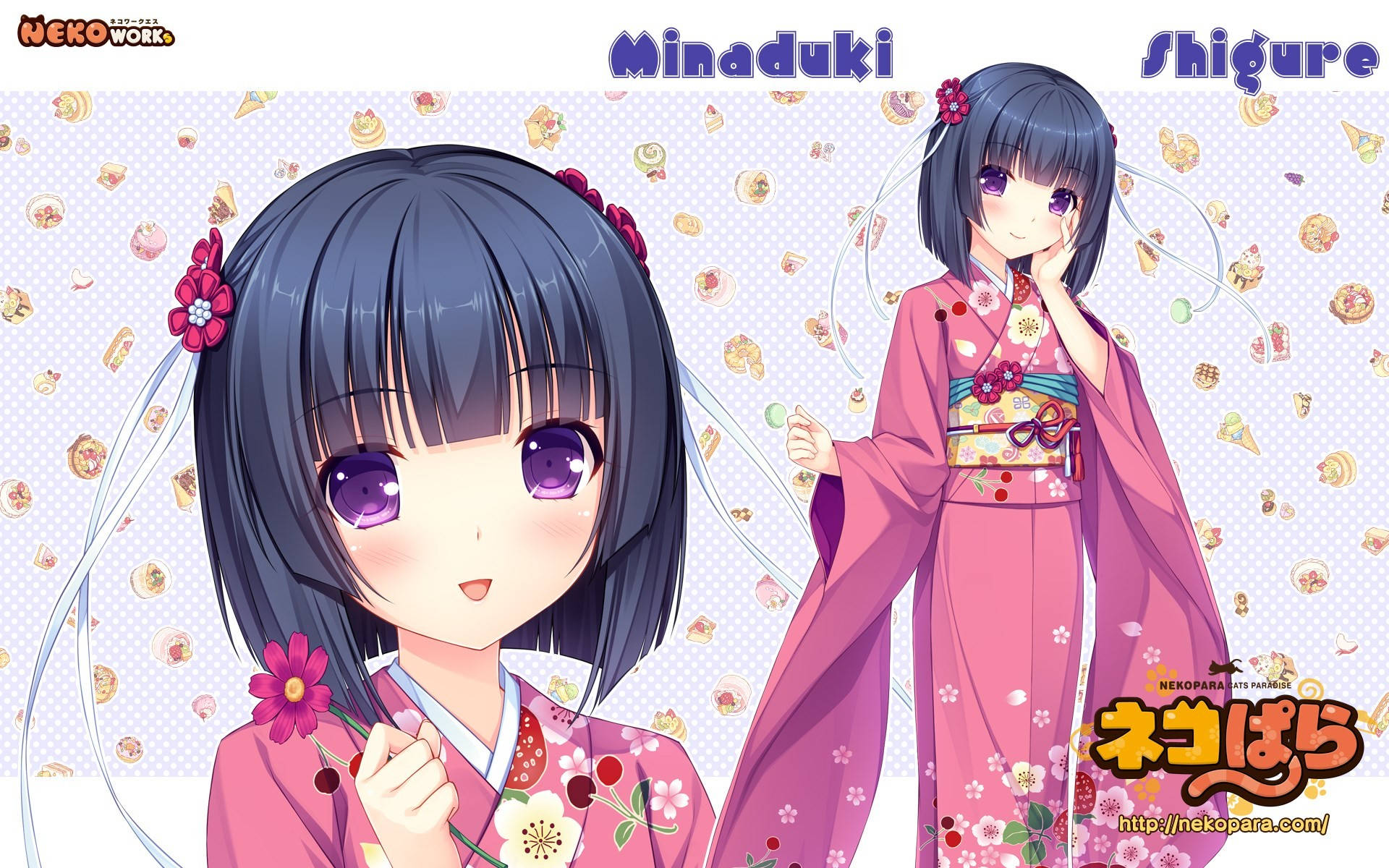 Nekopara 桌布 壁紙 — 兩位身穿粉紅色花卉圖案和服的動漫女孩，在淺色背景上散落著糖果，溫柔地微笑。