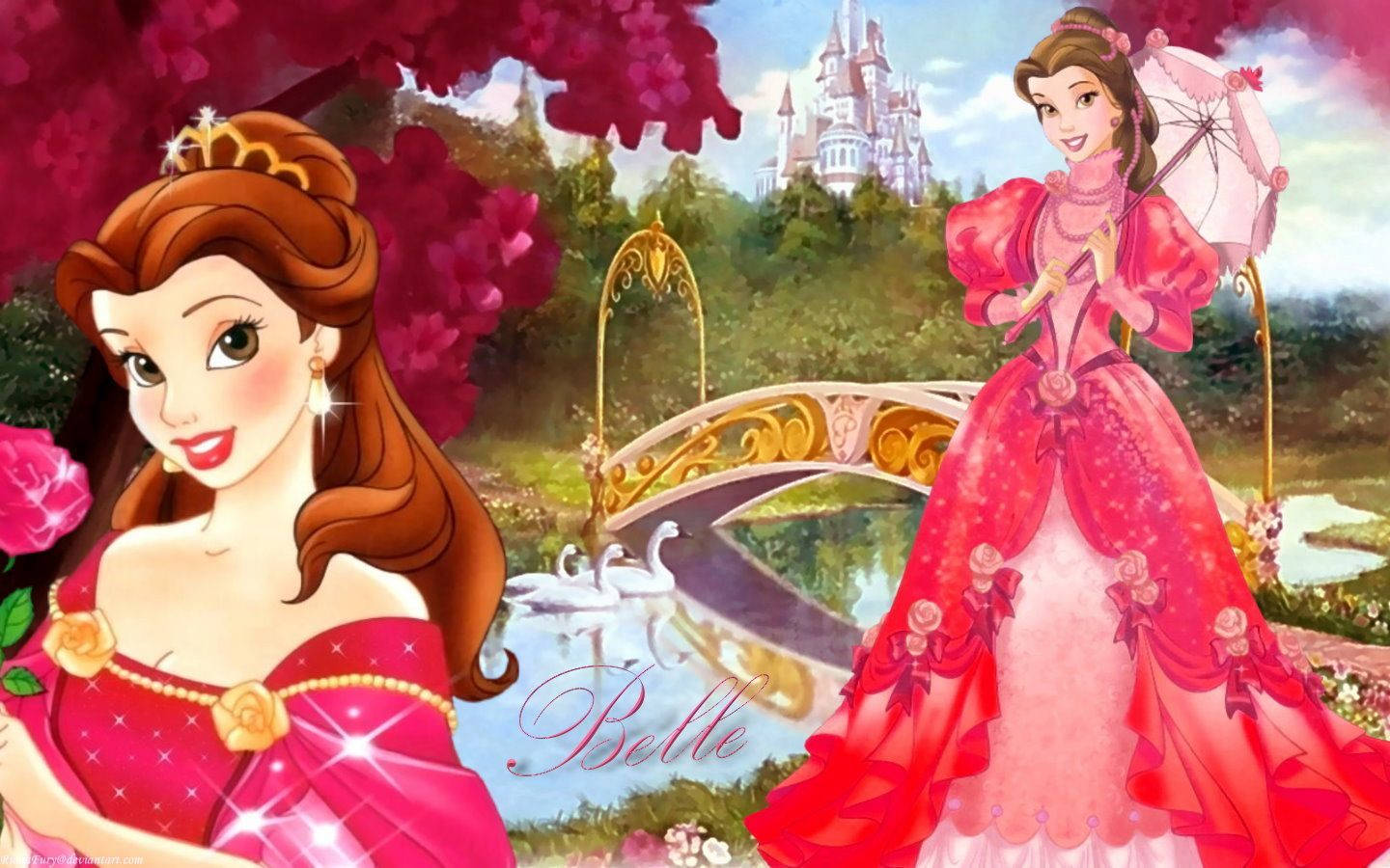 Princess 桌布 壁紙 — 兩位身穿粉紅色長裙的迪士尼公主站在一個魔法花園中，身後有城堡和天鵝池。