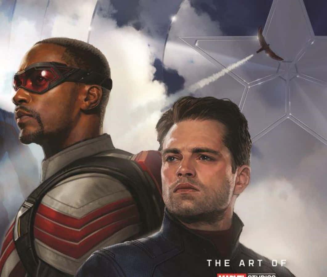 Winter Soldier 桌布 壁紙 — 兩位身穿精細服裝的超級英雄站在多雲的天空下，身後有星形盾牌和噴射機尾跡。