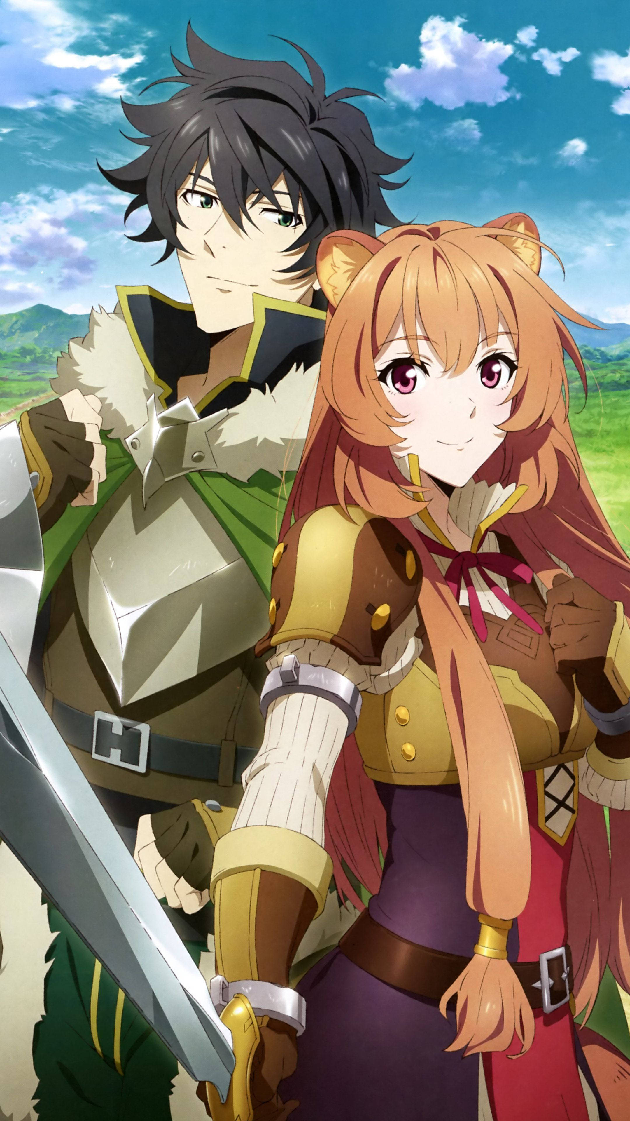 Raphtalia 桌布 壁紙 — 兩位身穿精細盔甲的動漫冒險者自信地站在明亮的藍天下，背景有蓬鬆的雲朵和遠處的綠色山丘。