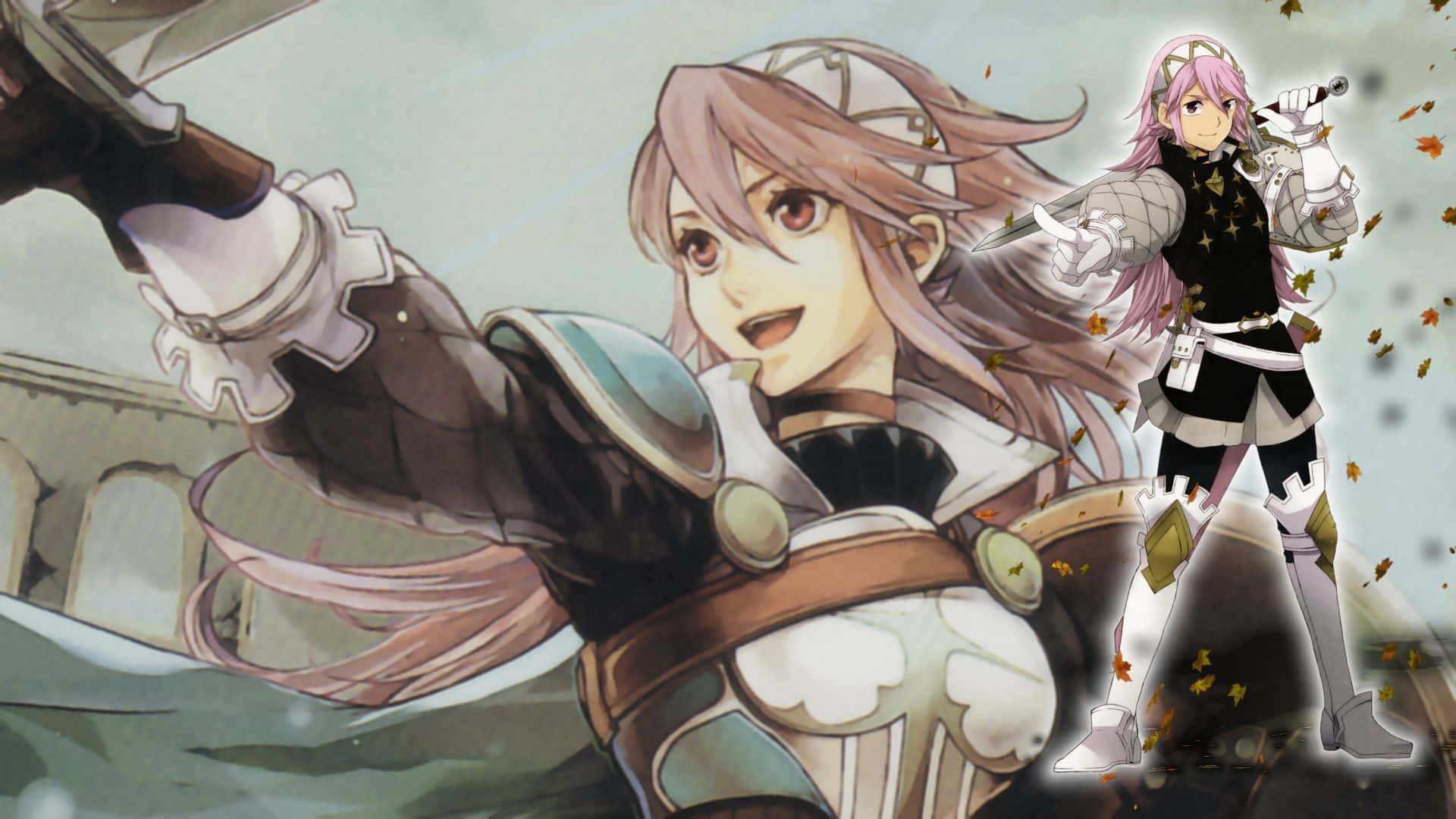 兩位身穿盔甲的動漫角色持劍，秋葉飄落。 — Fire Emblem Warriors 壁紙