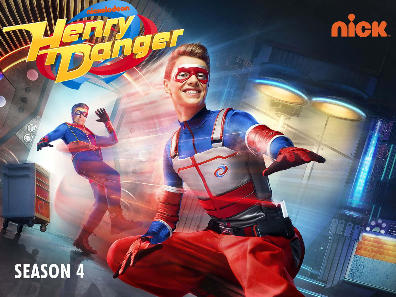 nickelodeon 桌布 壁紙 — 兩位身穿紅、藍、銀色套裝的動畫英雄，在充滿發光燈光和動態模糊效果的高科技實驗室中動感擺姿勢。