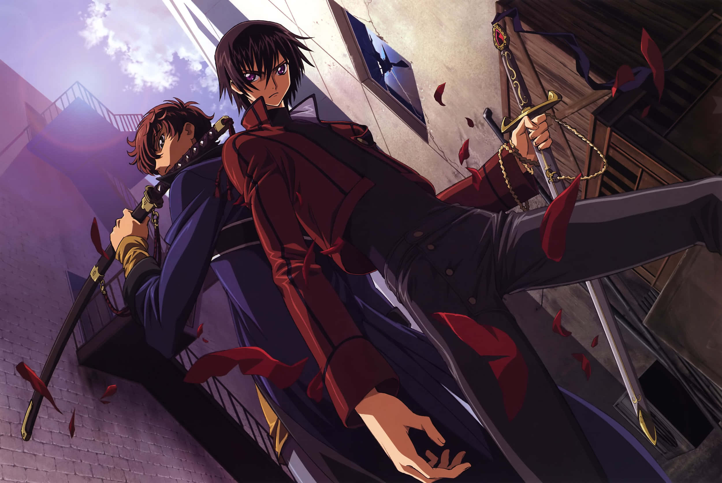 lelouch lamperouge 桌布 壁紙 — 兩位身穿紅色和藍色外套的動漫戰士，在骯髒的城市小巷中，於飄落的紅色絲帶間揮劍交鋒。