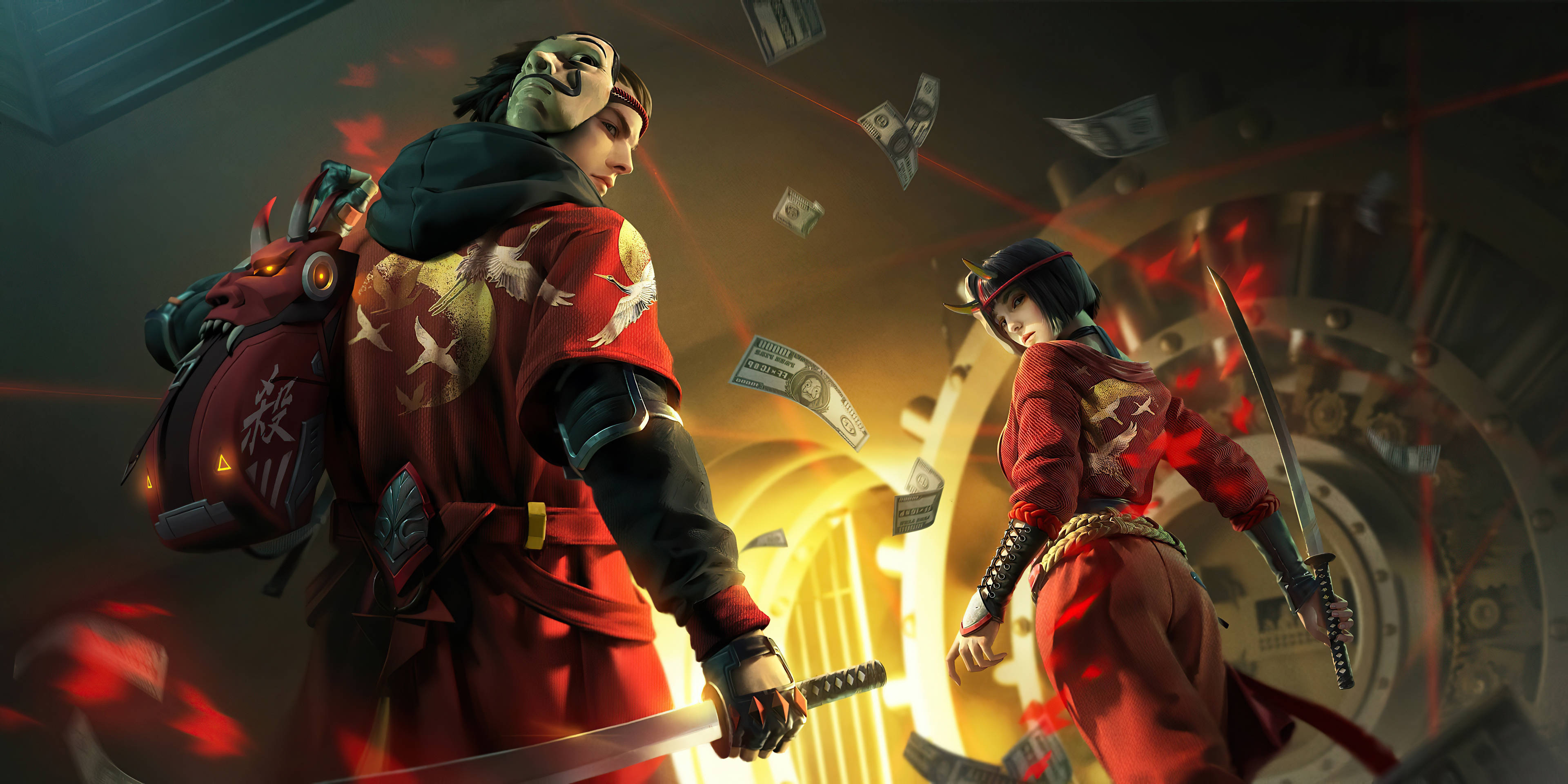 電玩遊戲 桌布 壁紙 — 兩位身穿紅色服裝的動漫風格武士，在類似金庫的場景中，於飛舞的鈔票和發光的紅色能量中揮劍交鋒。
