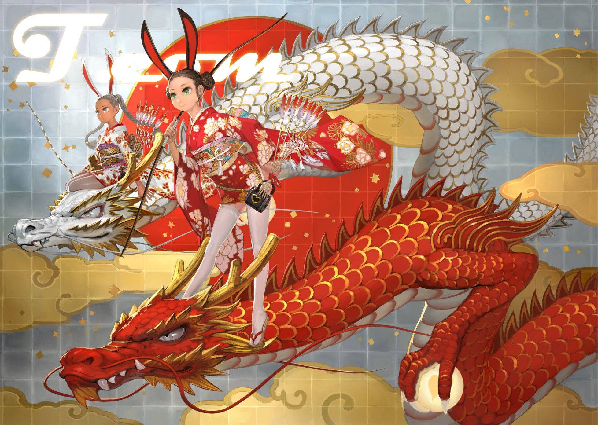Japanese Dragon Art 桌布 壁紙 — 兩位身穿紅色花卉和服的動漫女孩，在風格化的太陽和雲朵背景下，騎著雄偉的紅白龍。