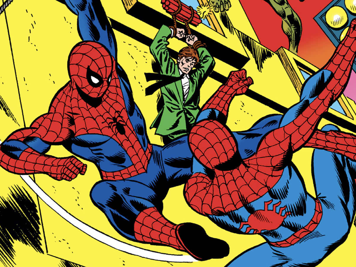 Spider Man Comic 桌布 壁紙 — 兩位身穿紅藍戰衣的蜘蛛人英雄，在帶有漫畫動作線條的亮黃色背景上動態擺盪。