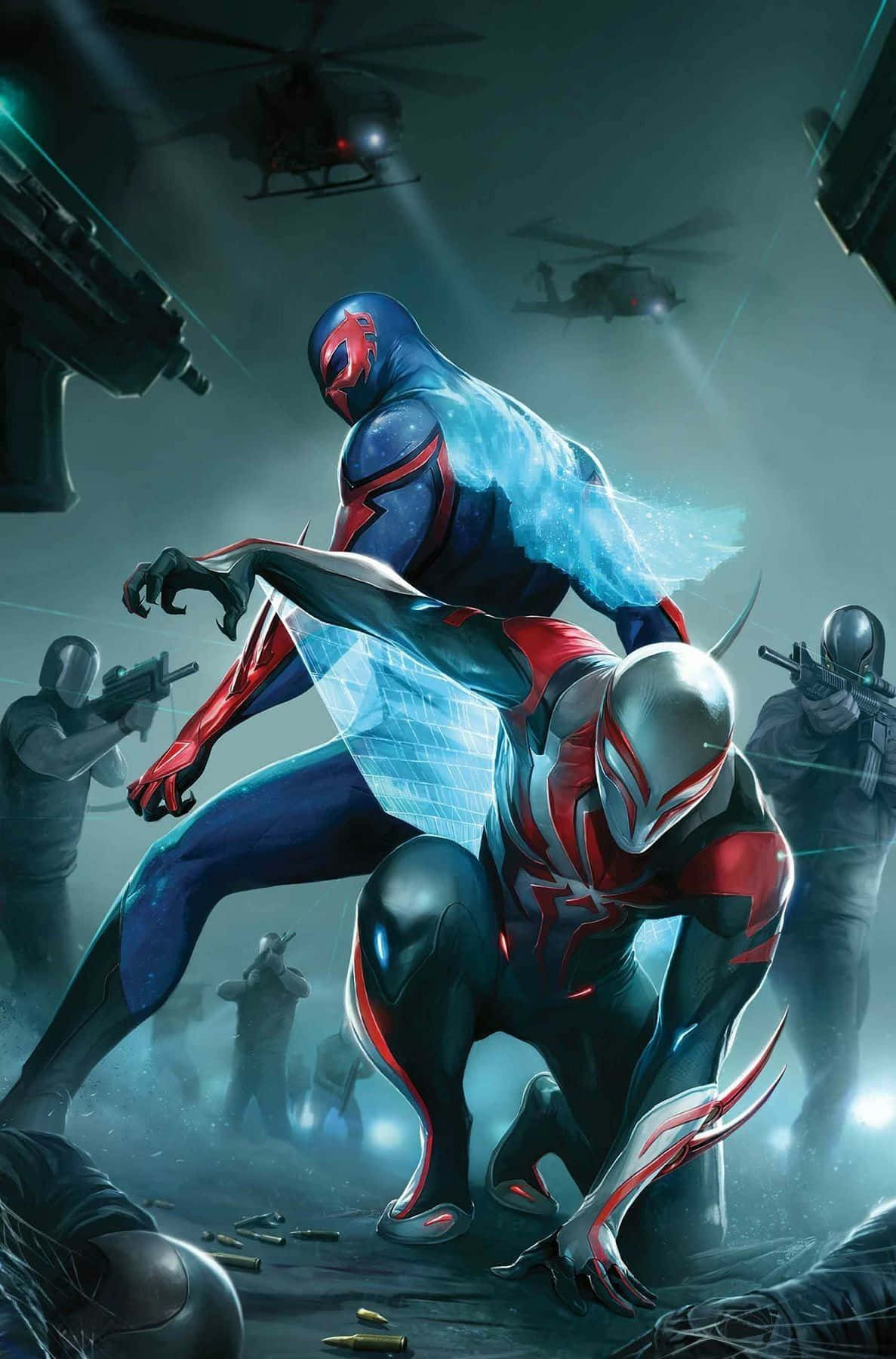 Spider Man 2099 桌布 壁紙 — 兩位身穿紅藍戰衣的蜘蛛人英雄，在直升機槍火下與武裝敵人戰鬥，場景是 gritty 的都市夜景。