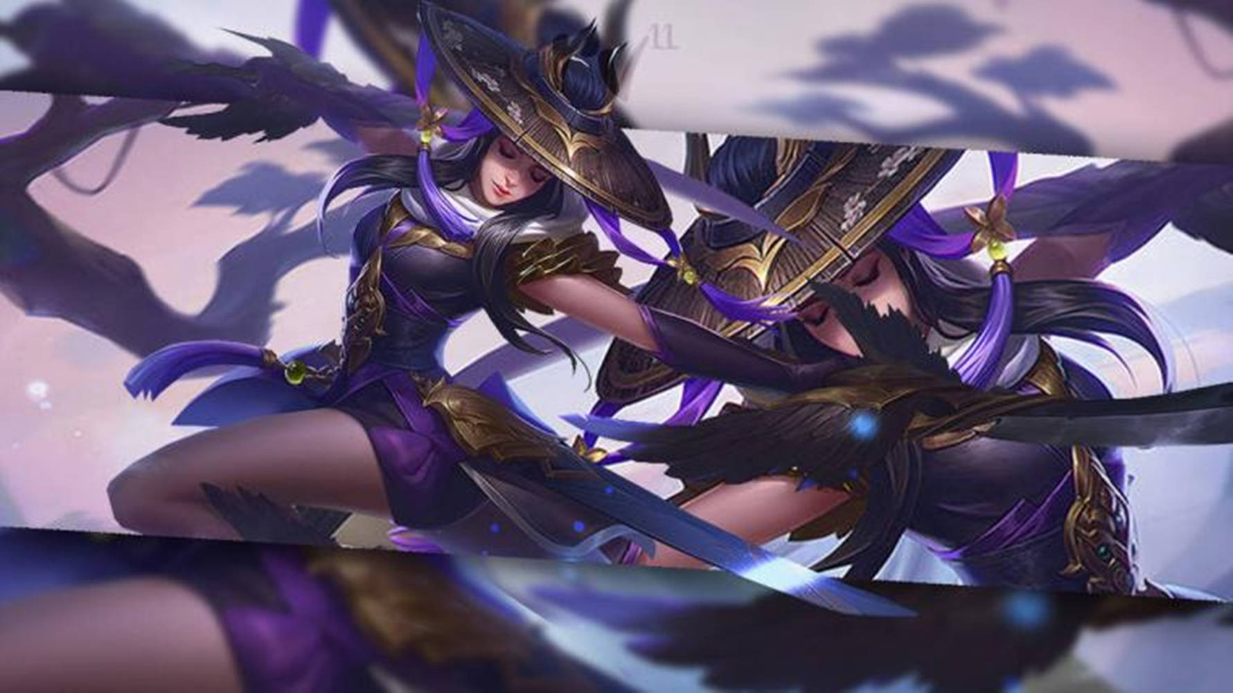 Mobile Legends 動態圖 桌布 壁紙 — 兩位身穿紫色和金色盔甲的動漫風格戰士，在柔和的粉紫色天空下揮劍交鋒。