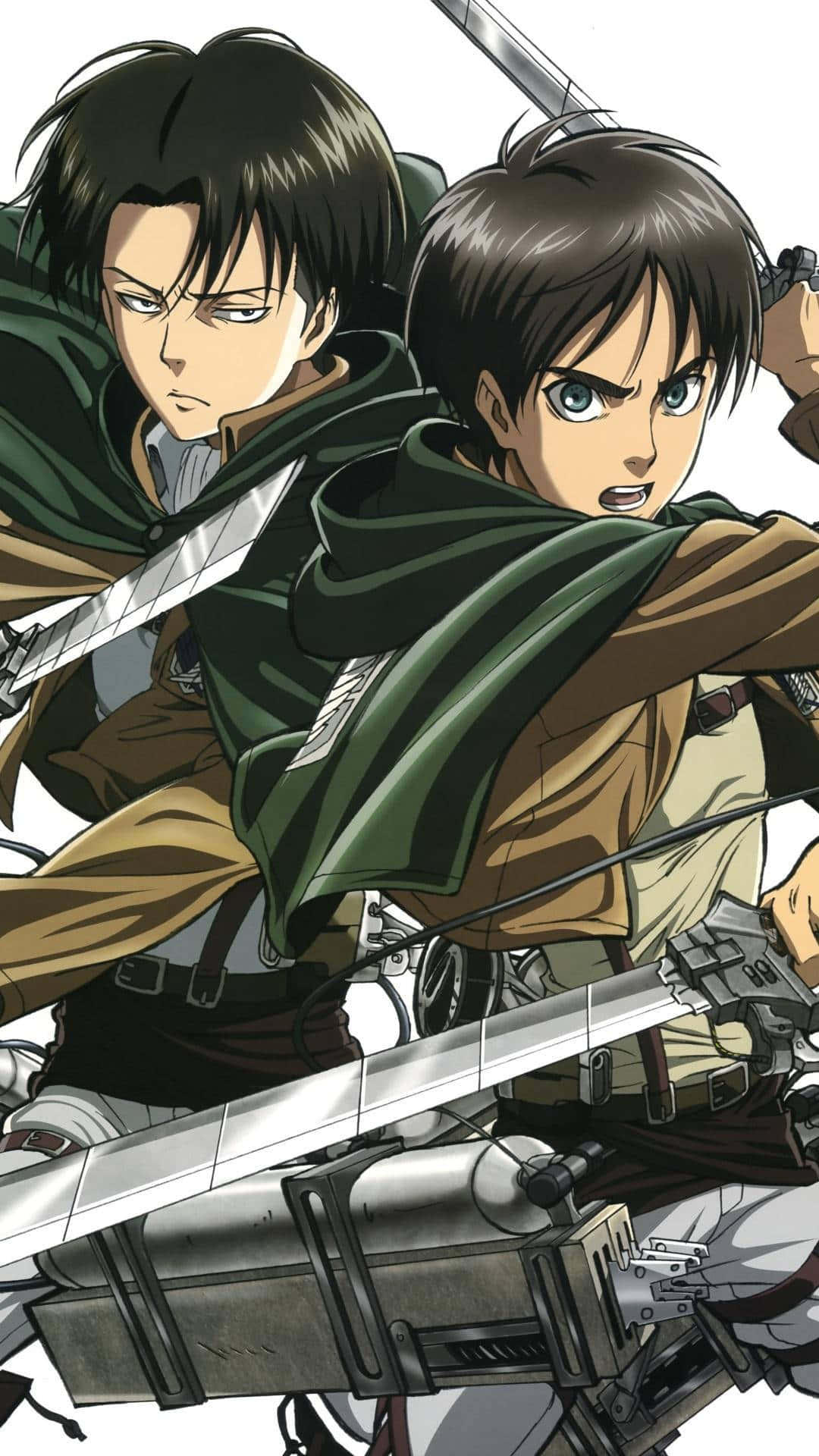 Attack On Titan The Final Season 桌布 壁紙 — 兩位身穿綠色斗篷、意志堅定的動漫戰士，在純白背景下揮舞劍和裝備準備戰鬥。