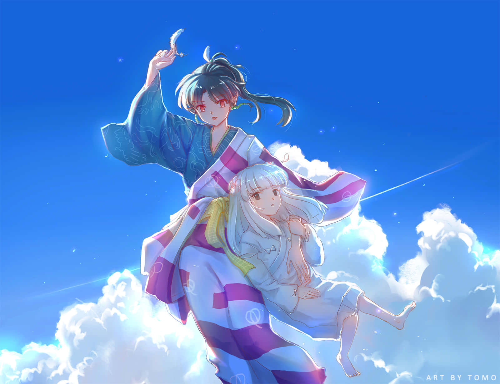 Inuyasha Kanna 桌布 壁紙 — 兩位身穿色彩繽紛和服的動漫少女，在湛藍天空下優雅地飄浮在 fluffy 雲朵之上。