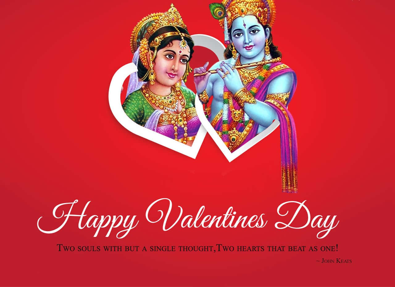 Happy Valentines Day 桌布 壁紙 — 兩位身穿華麗服飾的神聖人物在鮮紅色背景上形成心形，並帶有情人節文字。