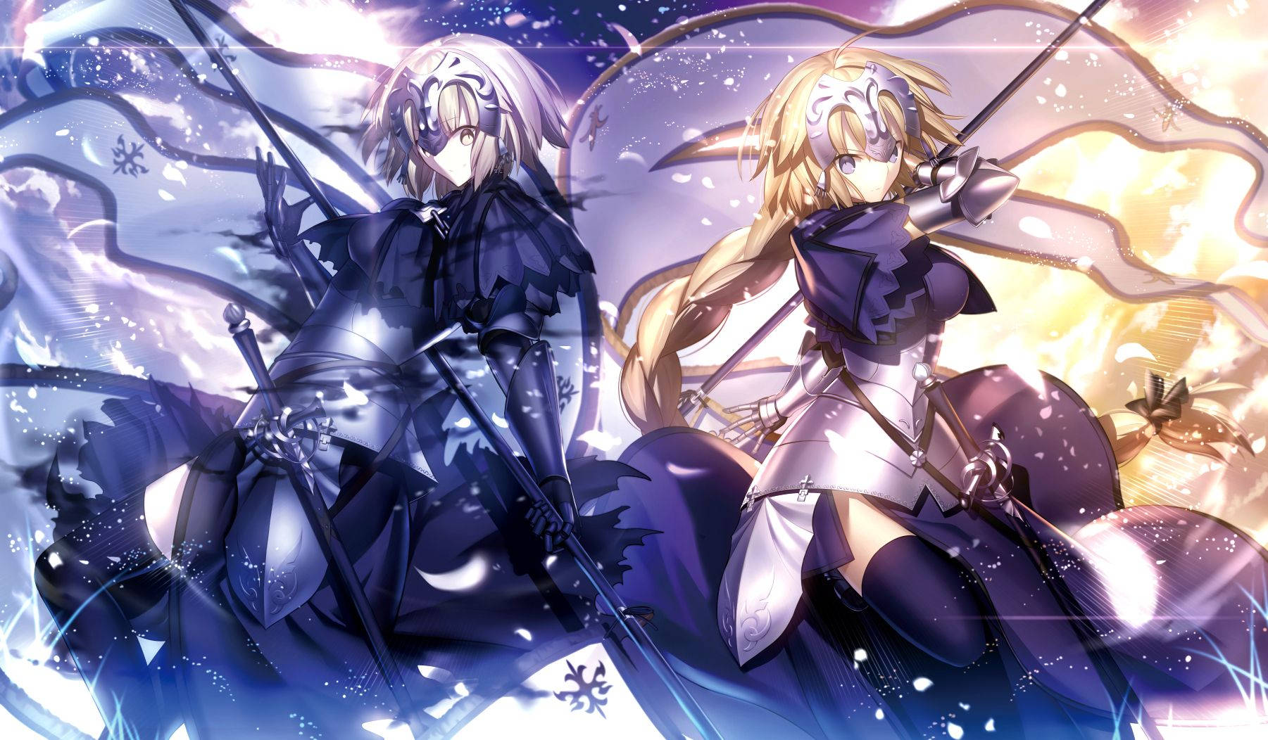 Fate/Grand Order 桌布 壁紙 — 兩位身穿華麗盔甲的動漫戰士，在旋轉的紫色和金色能量的宇宙背景下，用發光的劍交鋒。