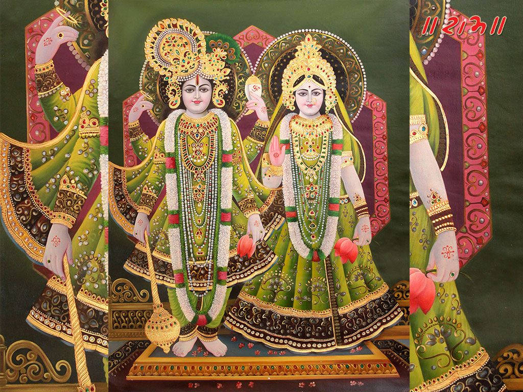 hindu iPhone 桌布 壁紙 — 兩位身穿華麗綠色和金色服飾、飾有珠寶和花環的神聖人物站在基座上，背景為深色。