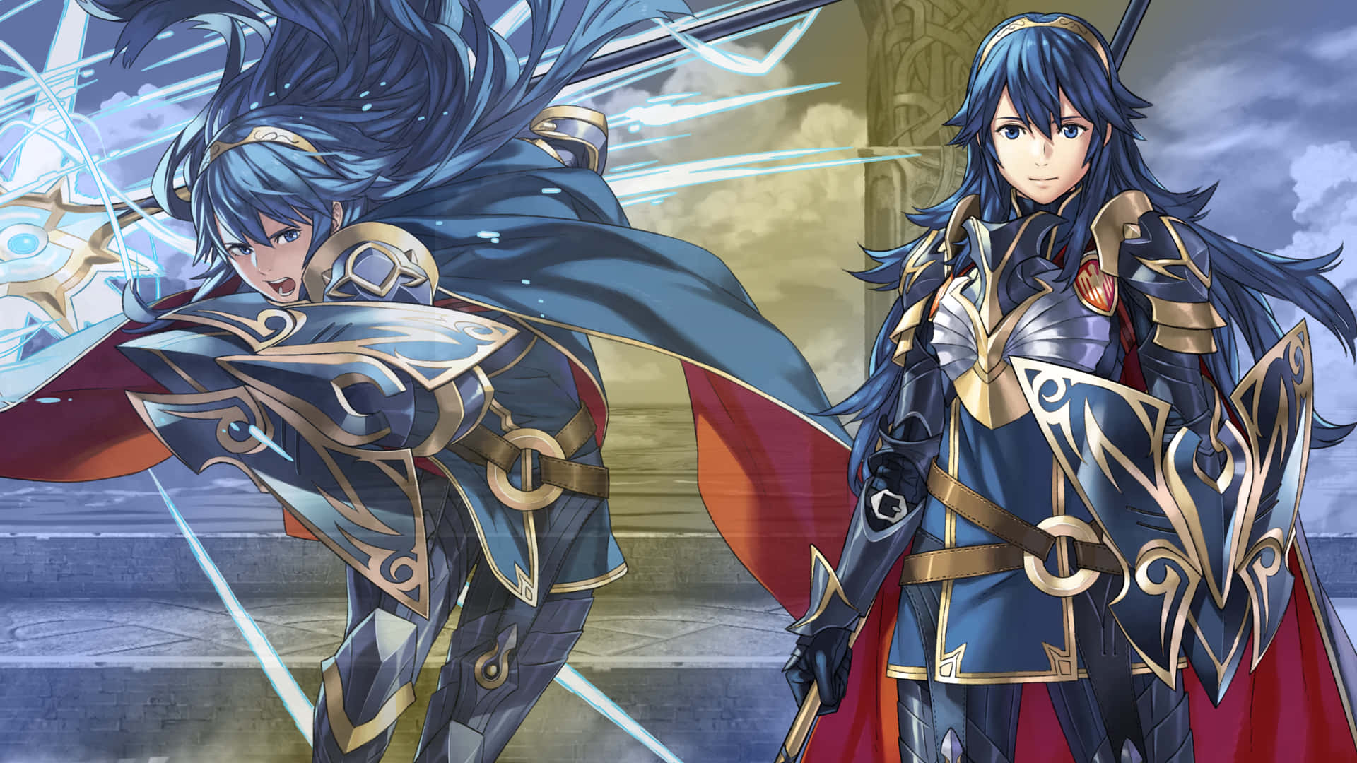 Lucina 桌布 壁紙 — 兩位身穿華麗藍金鎧甲的動漫戰士，在陰雲密布的天空下，手持發光劍刃交鋒。
