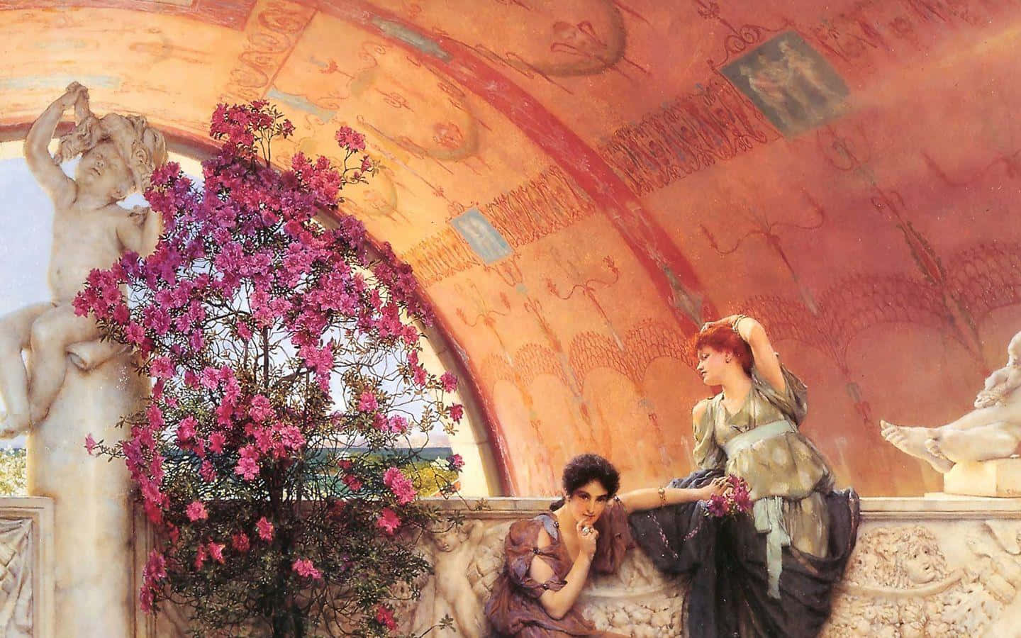 Classic Art 桌布 壁紙 — 兩位身穿華麗長袍的女性在一個裝飾著大理石雕像和鮮豔粉紅色花朵的巨大拱形壁龕下交談。