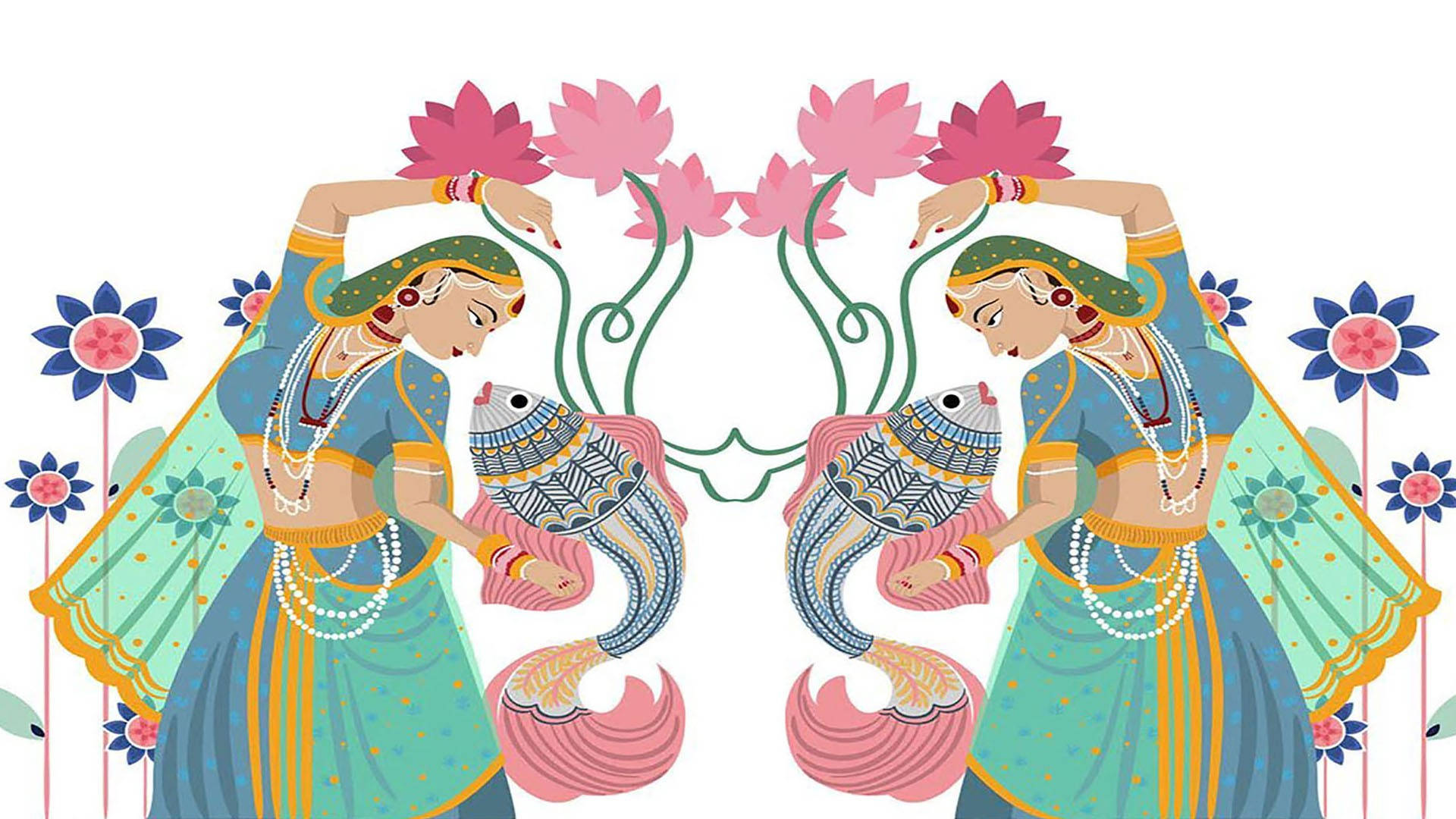 Folk Art 桌布 壁紙 — 兩位身穿藍色和金色服裝的插圖舞者在粉紅色蓮花下優雅地拿著華麗的魚。