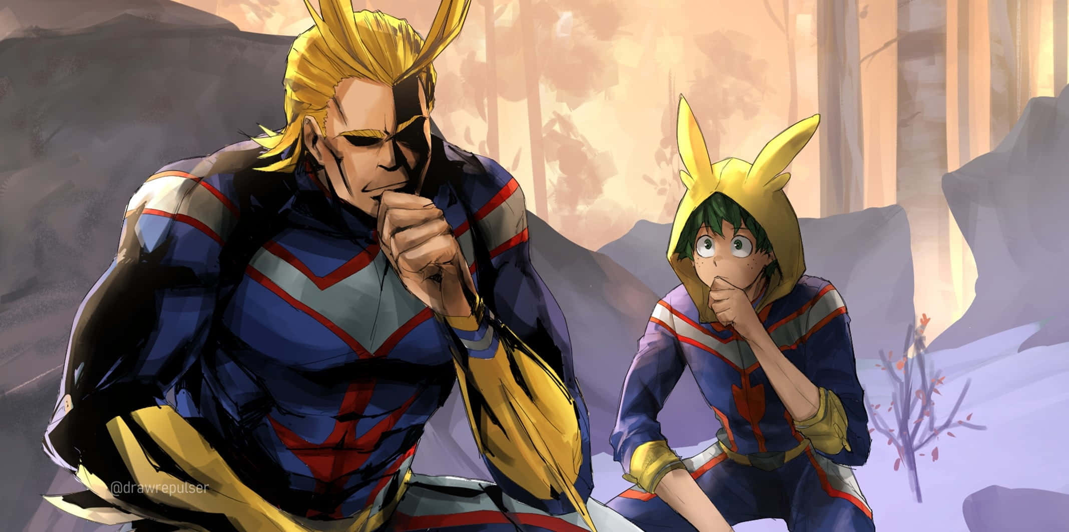 My Hero Academia Anime 桌布 壁紙 — 兩位身穿藍色和黃色套裝的動漫英雄站在岩石森林中，雙手靠近嘴巴，處於安靜的緊張時刻。