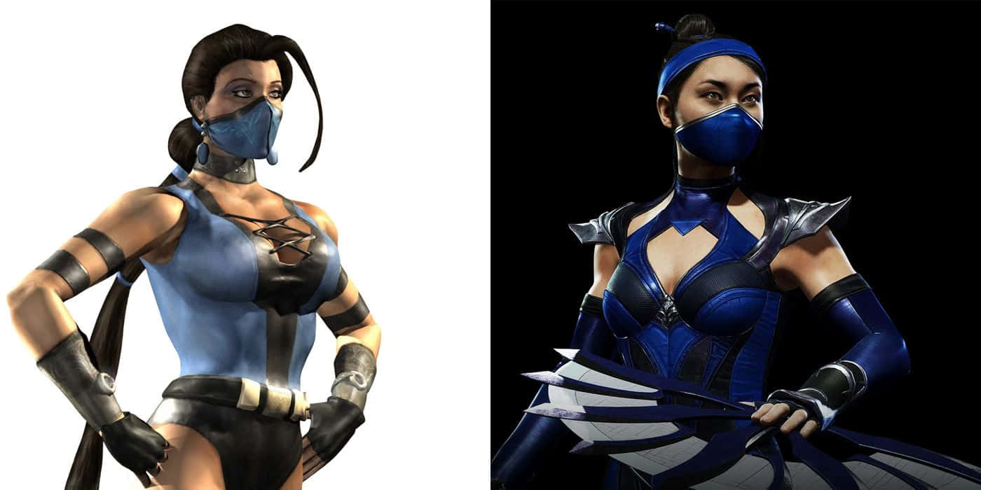 Mortal Kombat Kitana 桌布 壁紙 — 兩位身穿藍色和黑色忍者裝備的女性武術家，在對比鮮明的白色和黑色背景前自信地擺出姿勢。
