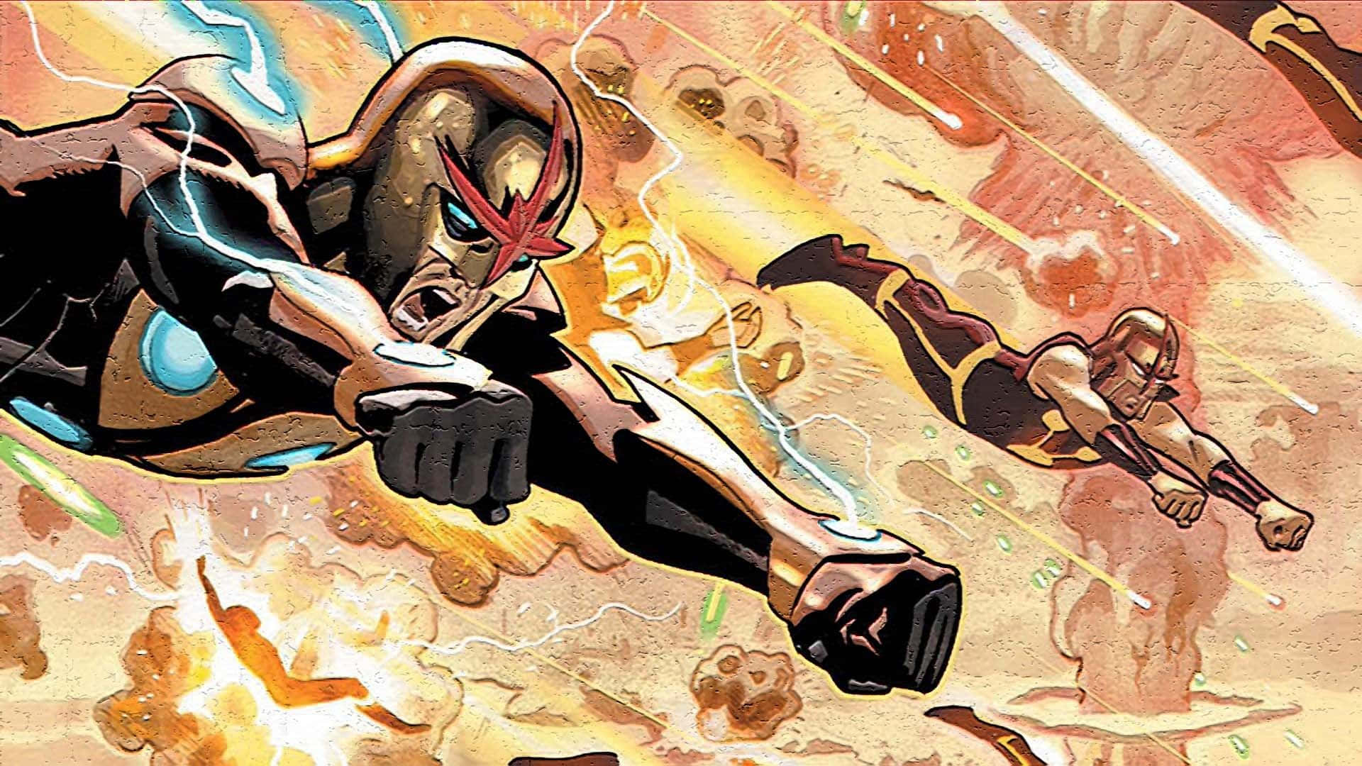 Nova Corps 桌布 壁紙 — 兩位身穿裝甲的超级英雄在閃電劈啪作響的猛烈爆炸中翱翔，呈現出動態的漫畫動作場景。