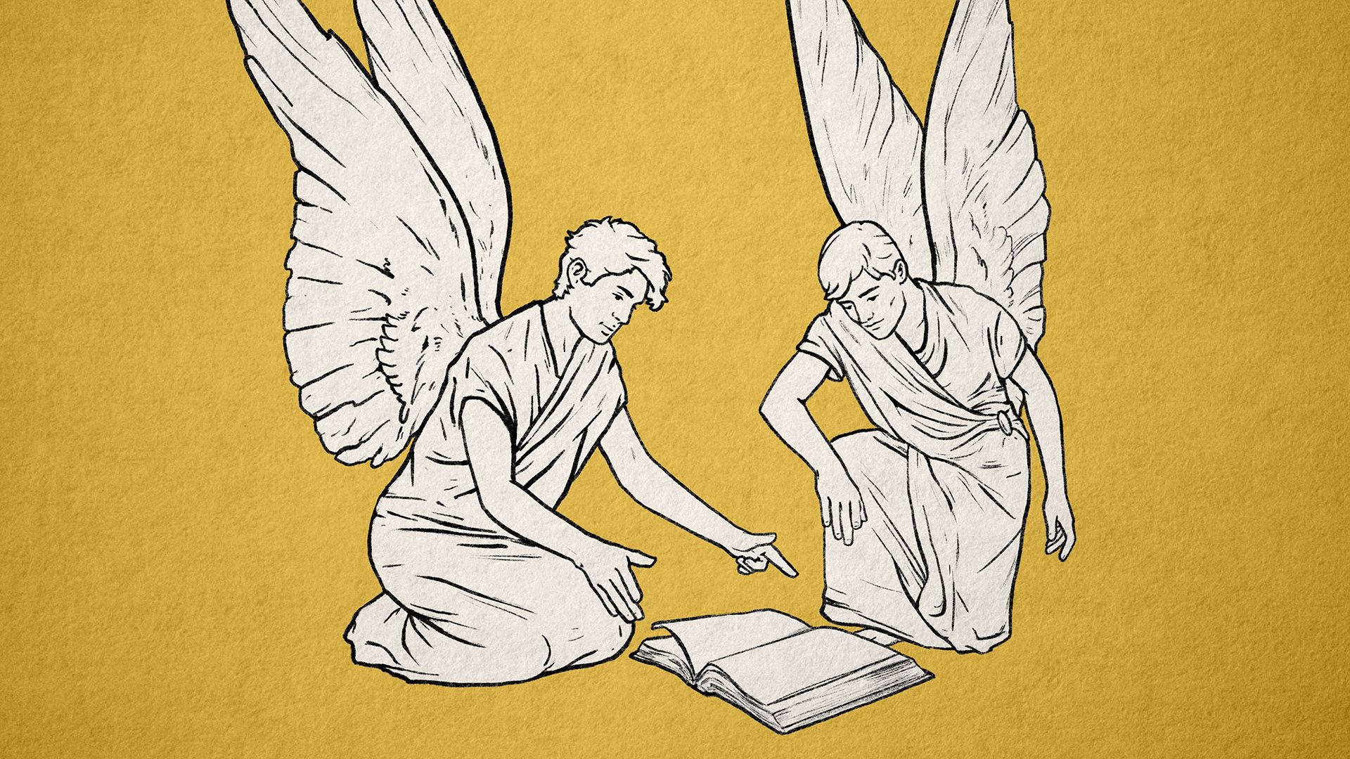 angels 桌布 壁紙 — 兩位身穿長袍、有翼的天使跪在一個有紋理的金色背景上的一本打開的書旁邊。