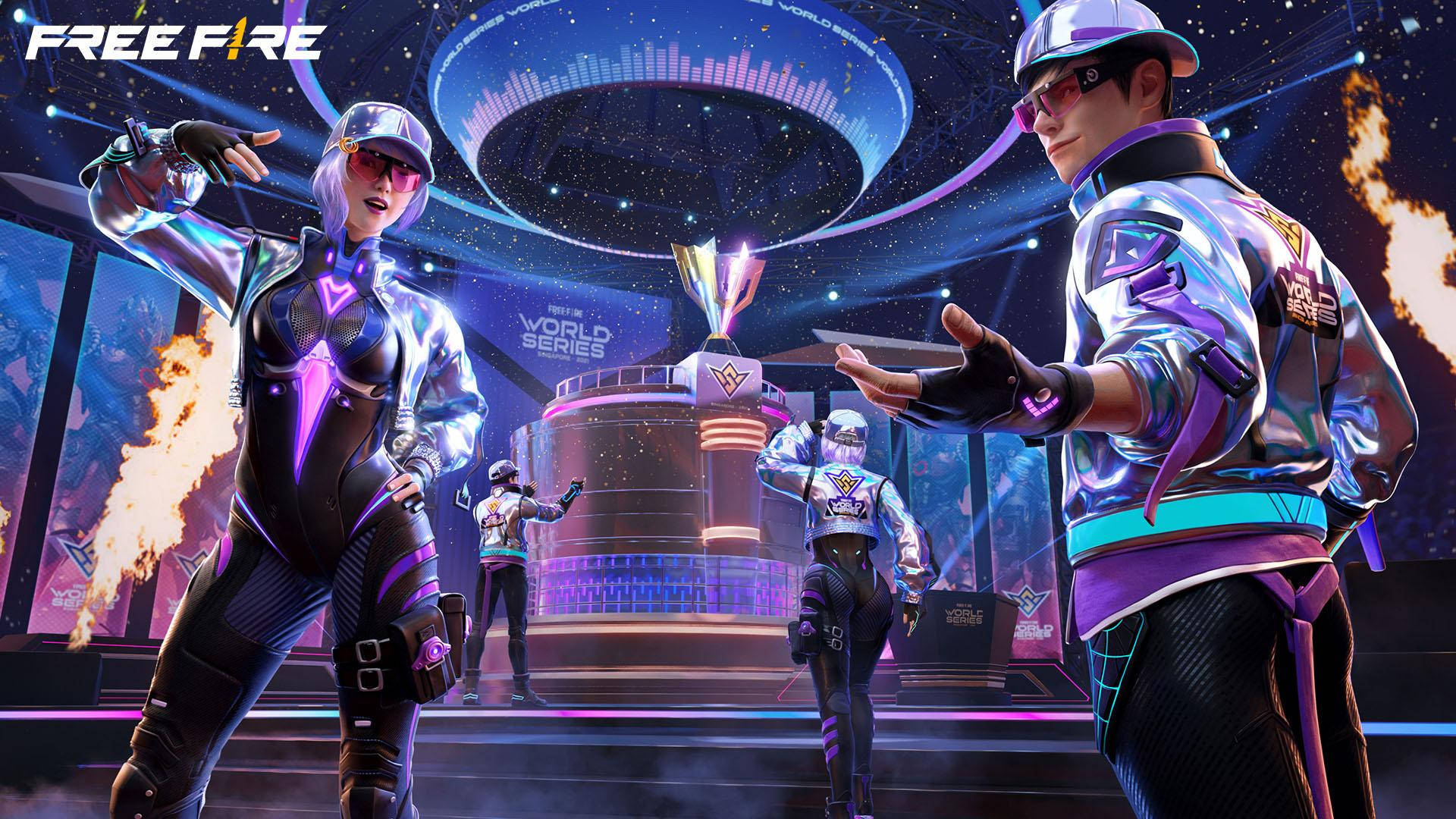 Free Fire 嘻哈套裝 桌布 壁紙 — 兩位身穿霓虹套裝的未來風格玩家，在閃耀的舞台上自信地擺姿勢，背景有獎盃和宇宙場景。