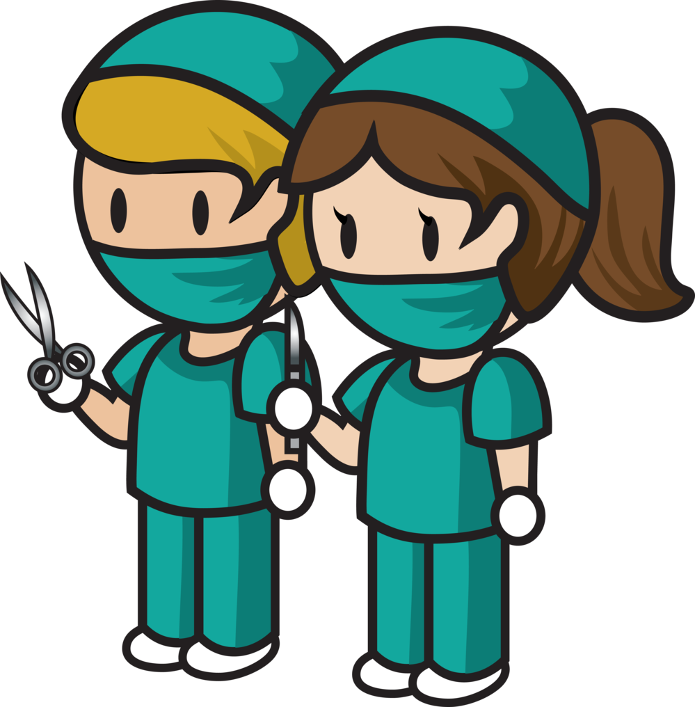Physician 桌布 壁紙 — 兩位身穿青綠色手術服和口罩的卡通外科醫生並肩站立，手持剪刀和聽診器，背景為黑色。