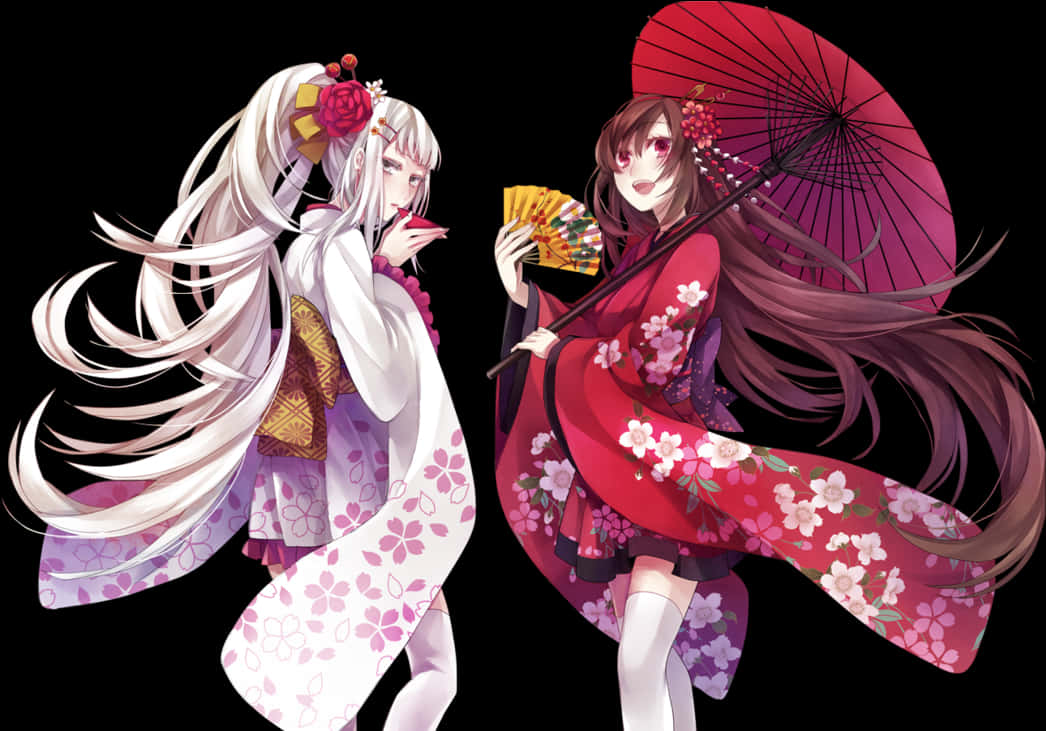 Anime Render 桌布 壁紙 — 兩位身穿飄逸櫻花和服的動漫女孩，在純黑背景前優雅地擺姿勢，一位手持扇子，另一位撐著傘。
