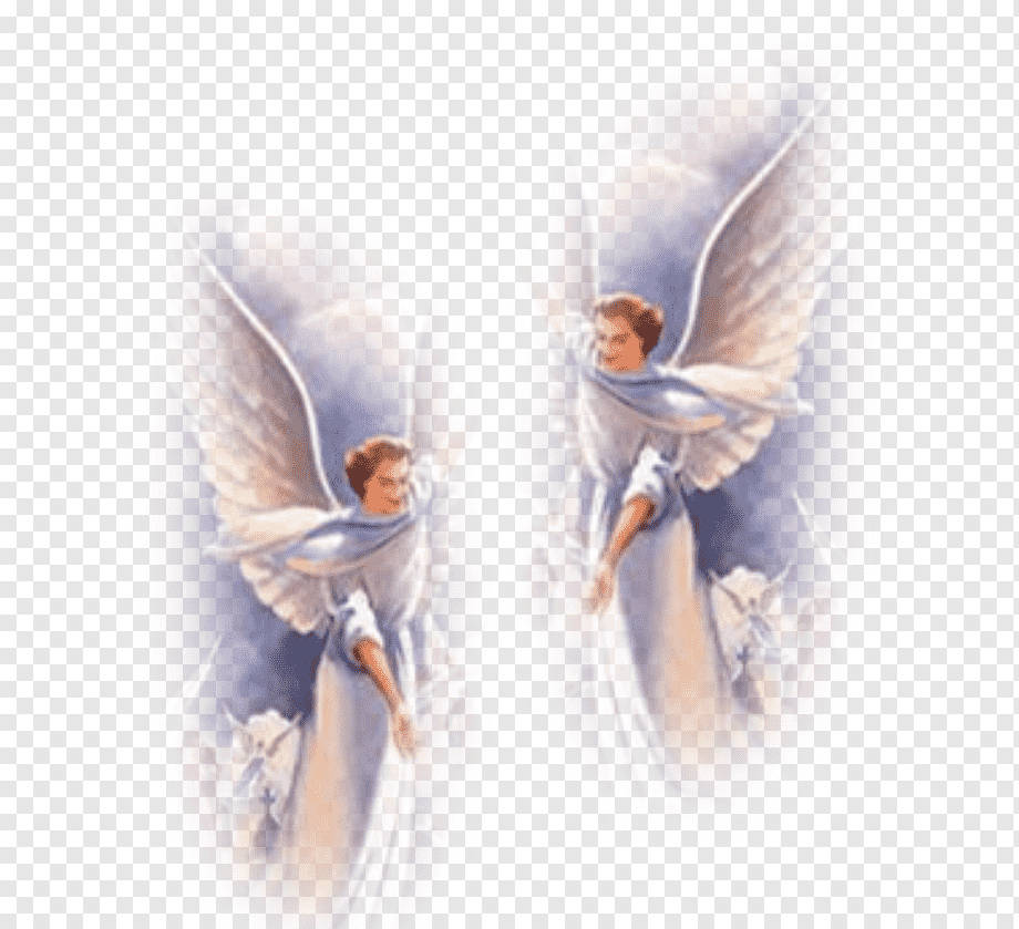 Heavenly Angels 桌布 壁紙 — 兩位身穿飄逸白袍、展開巨大翅膀的飄渺天使，在柔和的藍白漸變背景上優雅地翱翔。