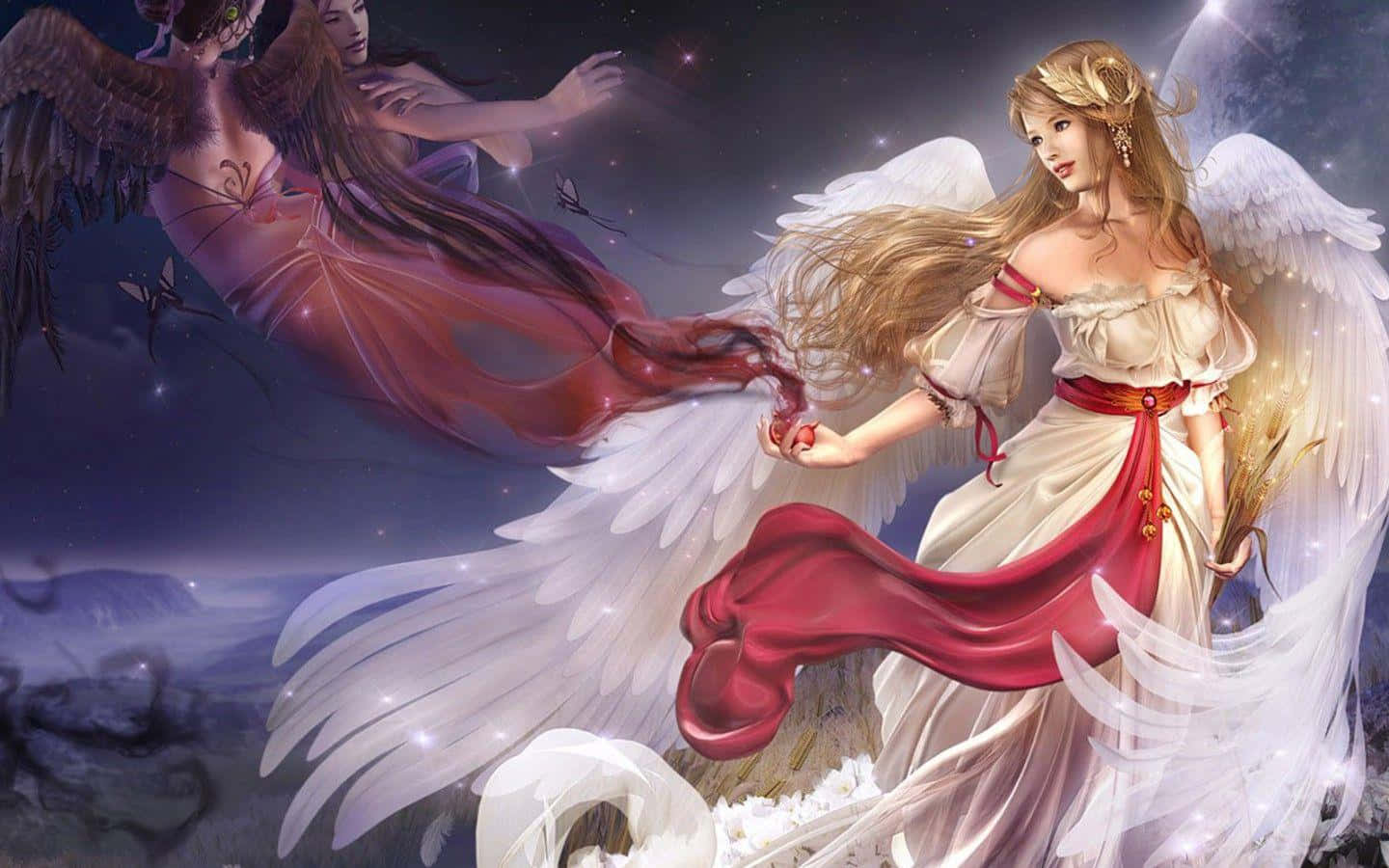 angels 桌布 壁紙 — 兩位身穿飄逸長袍、展開翅膀的飄逸天使，在霧氣瀰漫的景觀上方，翱翔於繁星點點的夜空。
