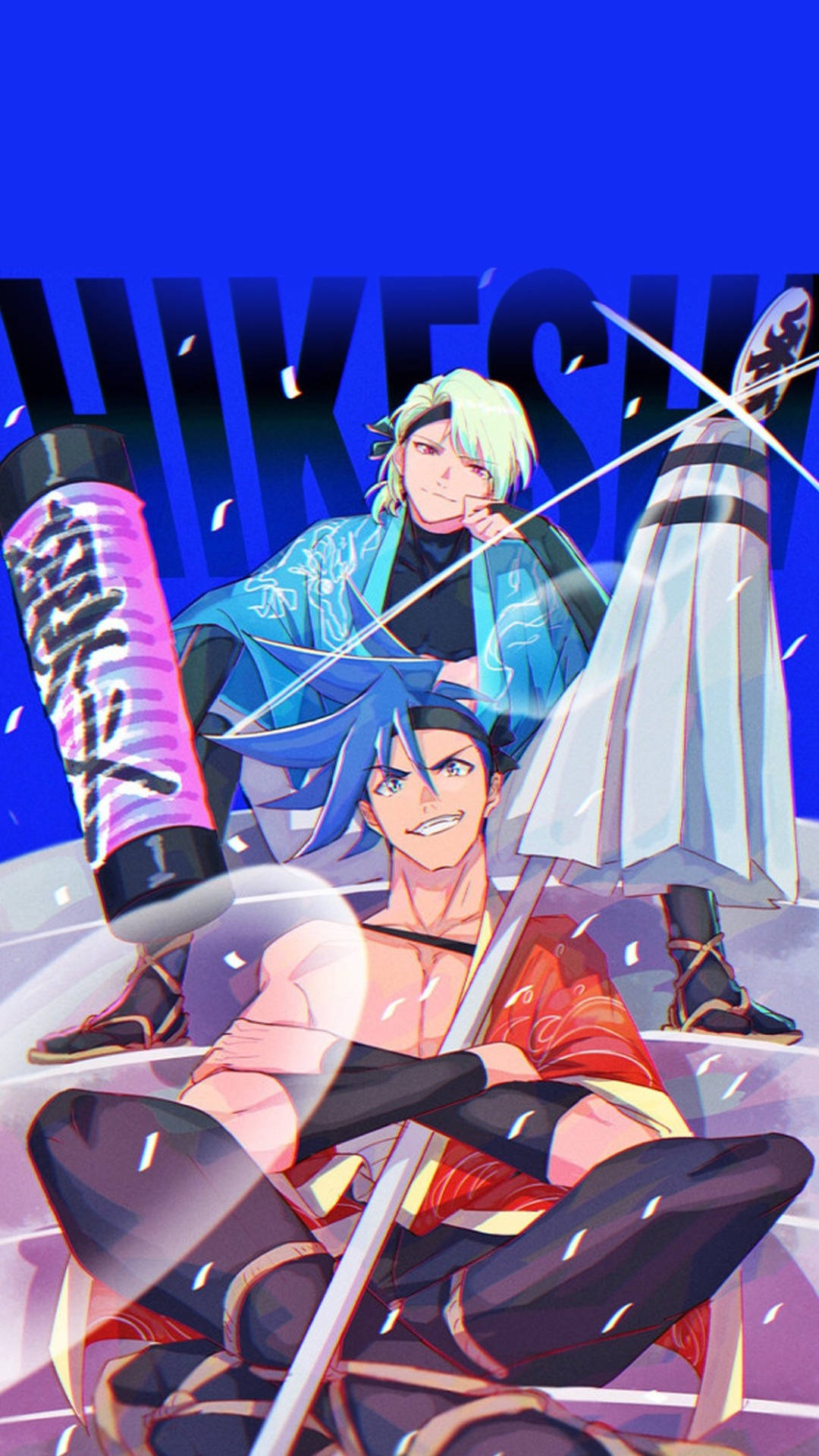 Promare 桌布 壁紙 — 兩位身穿鮮豔傳統服飾的動漫戰士，在帶有日文字樣的醒目藍色背景上揮劍交鋒。
