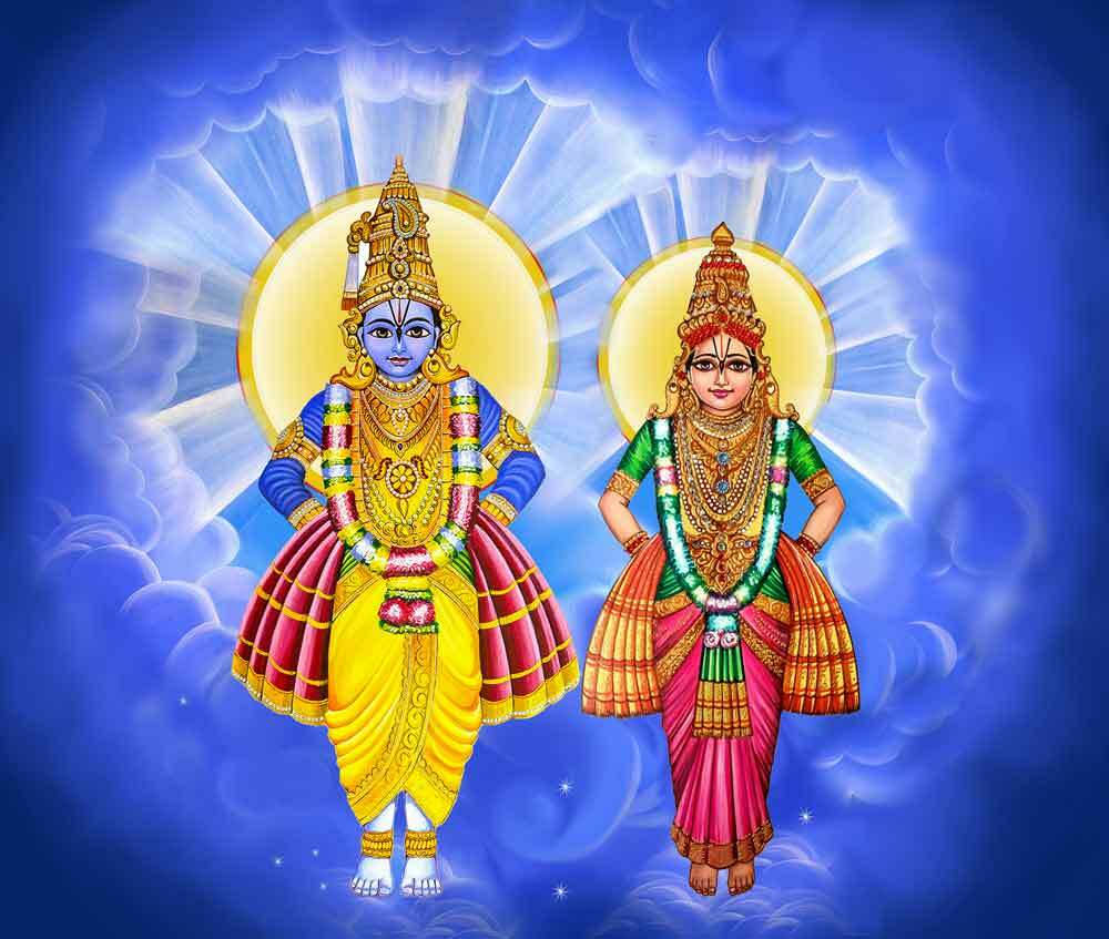 Hindu God 桌布 壁紙 — 兩位身穿鮮豔傳統服飾的神聖人物，在蔚藍的天空背景下，散發著金色光環和耀眼的光芒。
