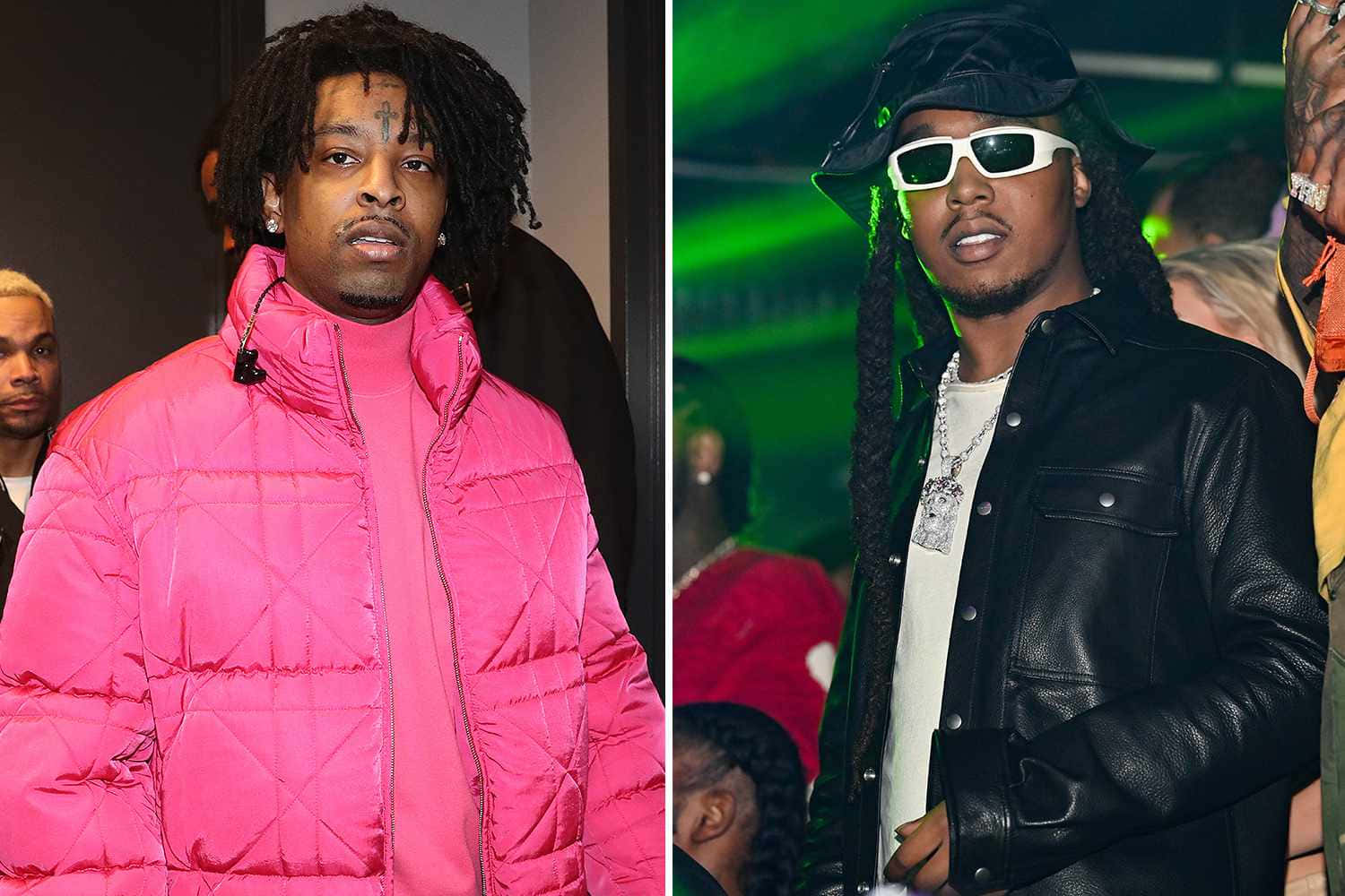 21 Savage 桌布 壁紙 — 兩位身穿鮮豔街頭服飾的男士，一位穿粉紅色羽絨外套，另一位穿黑色皮外套和白色太陽眼鏡，在霓虹燈活動中。