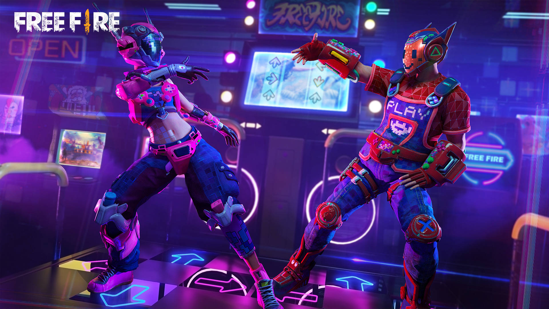 Free Fire 桌布 壁紙 — 兩位身穿鮮豔霓虹裝備的賽博龐克舞者在未來風格的俱樂部內發光的舞池上表演。