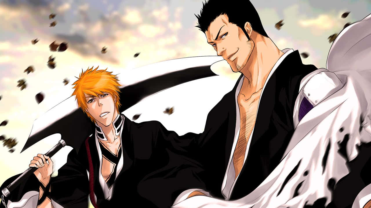 Isshin Kurosaki 桌布 壁紙 — 兩位身穿黑白長袍的動漫戰士在陰天落葉中揮劍交鋒。