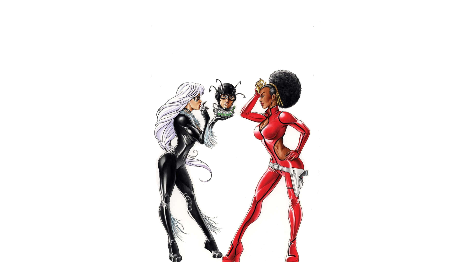Heroes For Hire 桌布 壁紙 — 兩位身穿黑色和紅色套裝的漫畫女主角，在純白色背景上與一個小昆蟲反派對峙。