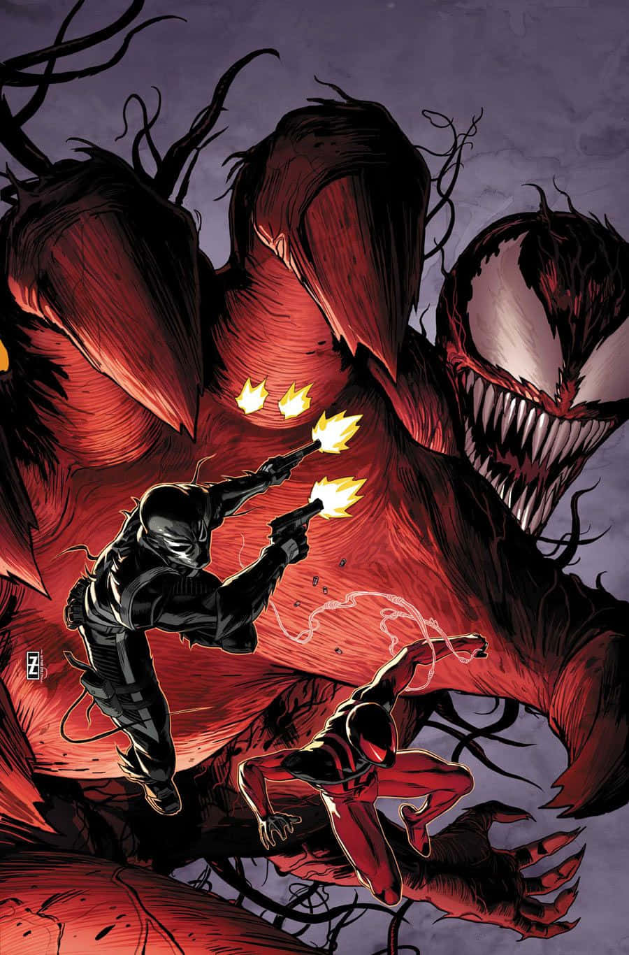 Carnage USA 桌布 壁紙 — 兩位身穿黑色和紅色戰衣的英雄正在與一隻擁有發光眼睛和鋒利牙齒的巨大紅色共生體怪物戰鬥。