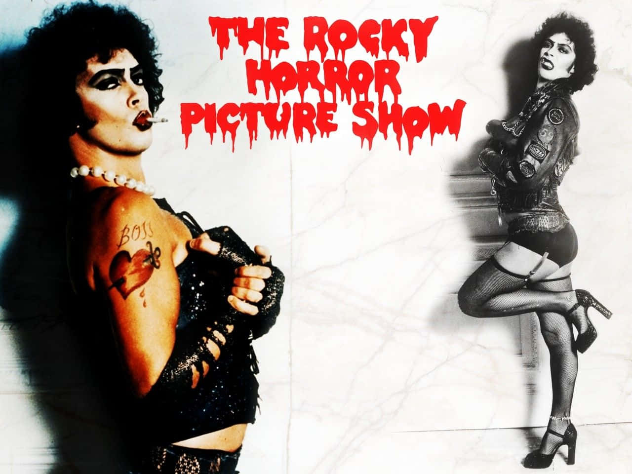 Tim Curry 桌布 壁紙 — 兩位身穿黑色皮革和漁網的華麗搖滾表演者在粗體紅色滴落文字下，以大理石牆為背景擺姿勢。