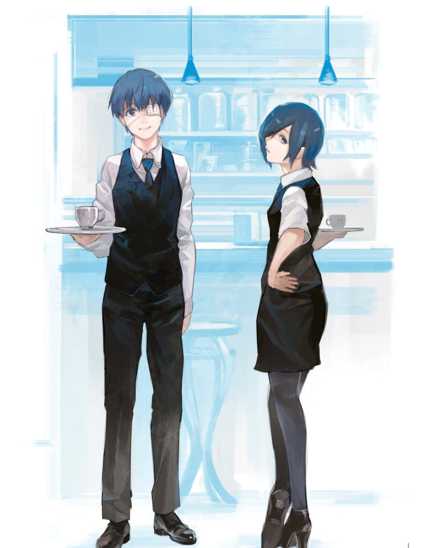 Anteiku 桌布 壁紙 — 兩位身穿黑色背心的動漫風格服務生，在明亮的藍色咖啡廳環境中手持托盤，托盤上有杯子。