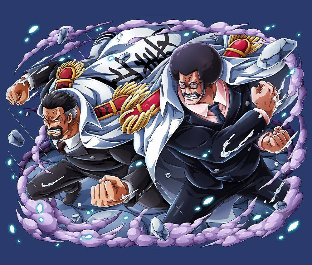 Garp 桌布 壁紙 — 兩位身穿黑色西裝的動漫戰士在深藍色背景下以紫色能量和碎玻璃碰撞。