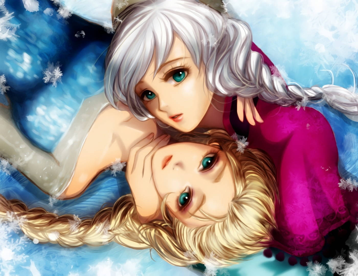 anna 桌布 壁紙 — 兩位辮子頭髮、藍綠色眼睛的動畫姐妹在雪藍色風景中一起休息，一位穿著粉紅色禮服，一位穿著冰藍色禮服。