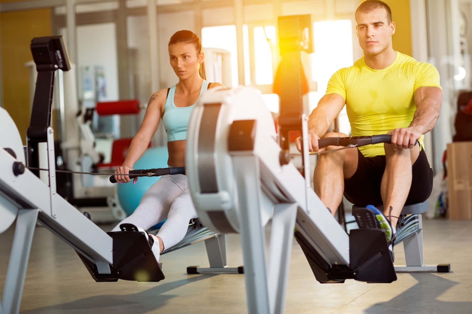 Fitness 桌布 壁紙 — 兩位運動員在明亮的健身房中，陽光透過窗戶照射進來，正在機器上激烈划船。