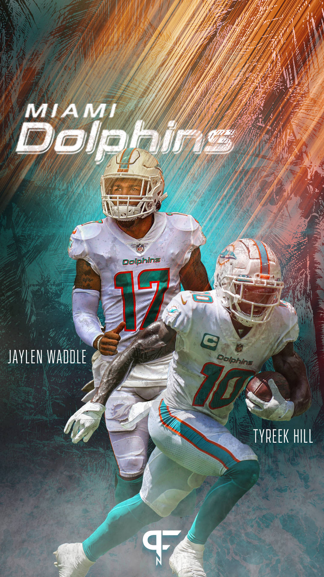 Miami Dolphins iPhone 桌布 壁紙 — 兩位邁阿密海豚隊美式足球運動員在動態線條和熱帶棕櫚樹背景下展開動作。