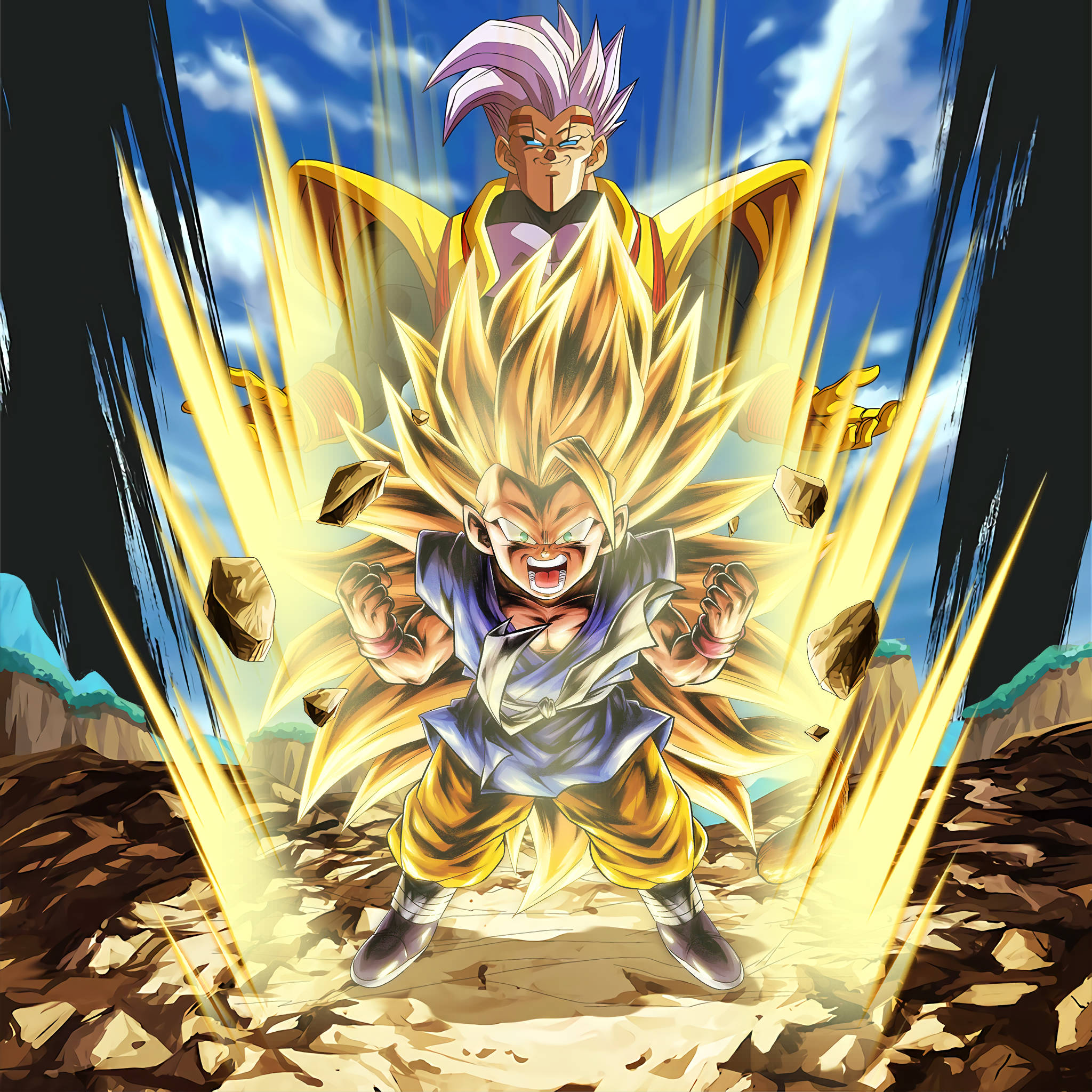 Goku Ssj3 桌布 壁紙 — 兩位金色超級賽亞人形態的動漫戰士，在藍天下向岩石峭壁釋放爆炸性能量衝擊波。