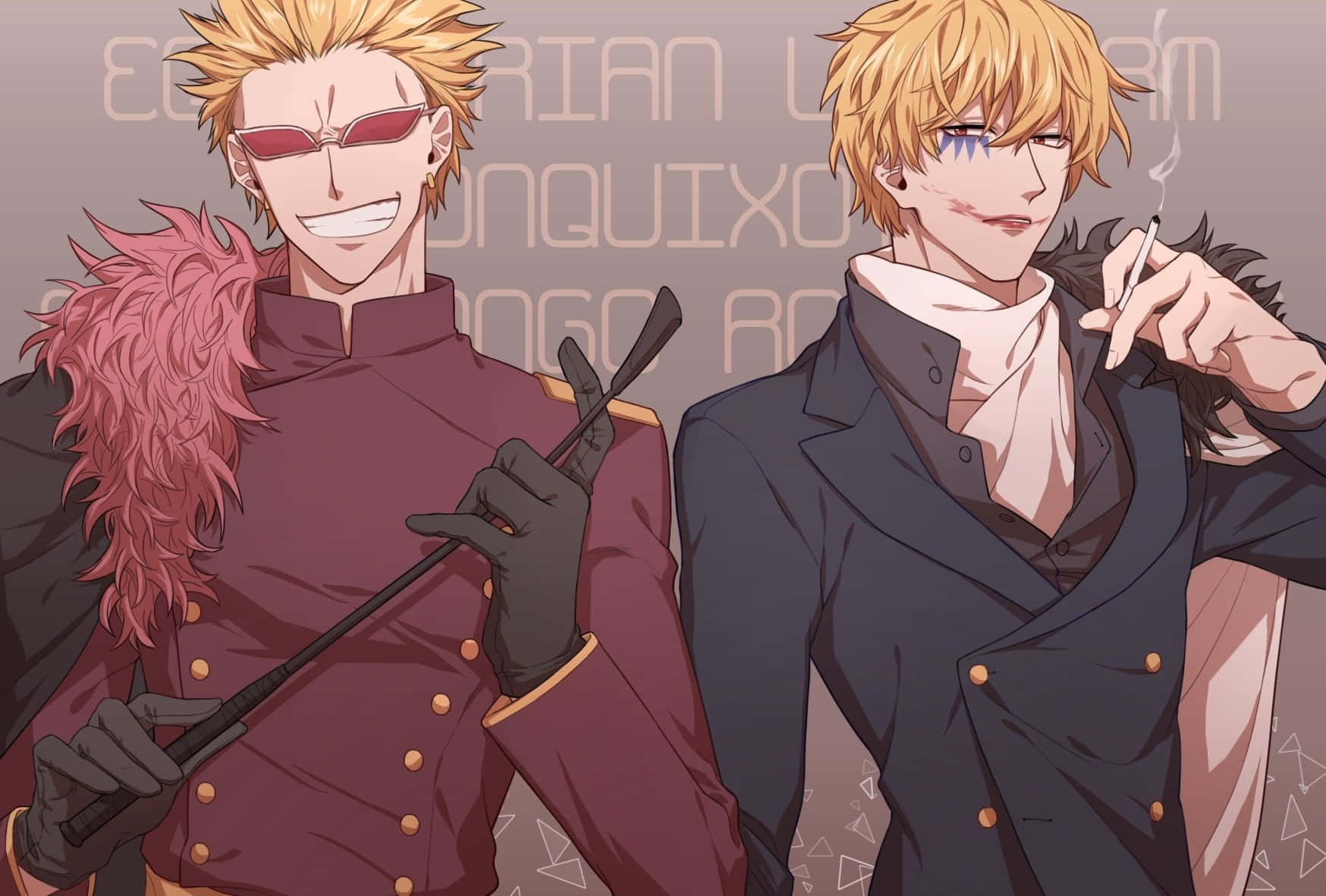 Donquixote Family 桌布 壁紙 — 兩位金髮動漫男子，一位身穿栗色外套手持手杖，另一位身穿黑色西裝抽煙，背景為褪色文字。