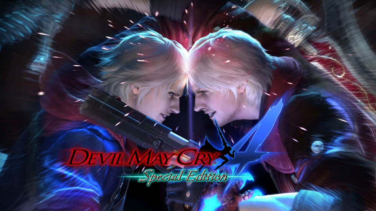 Devil May Cry Characters 桌布 壁紙 — 兩位金髮戰士在充滿動感的數位藝術戰鬥場景中對峙，武器閃耀，火花四濺。