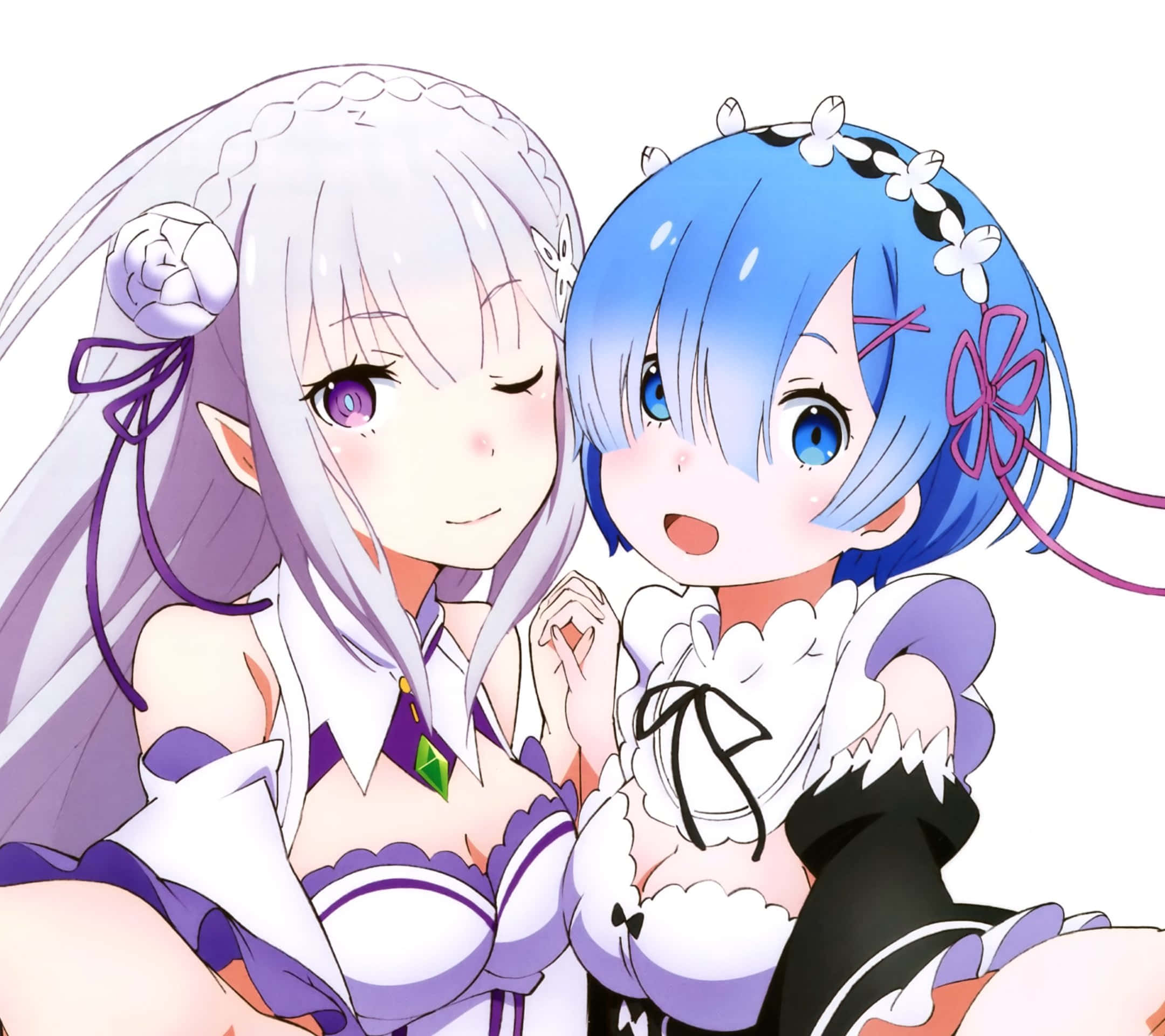 Re Zero Emilia 桌布 壁紙 — 兩位銀藍色頭髮的女僕裝動畫女孩在純白背景前溫暖微笑。