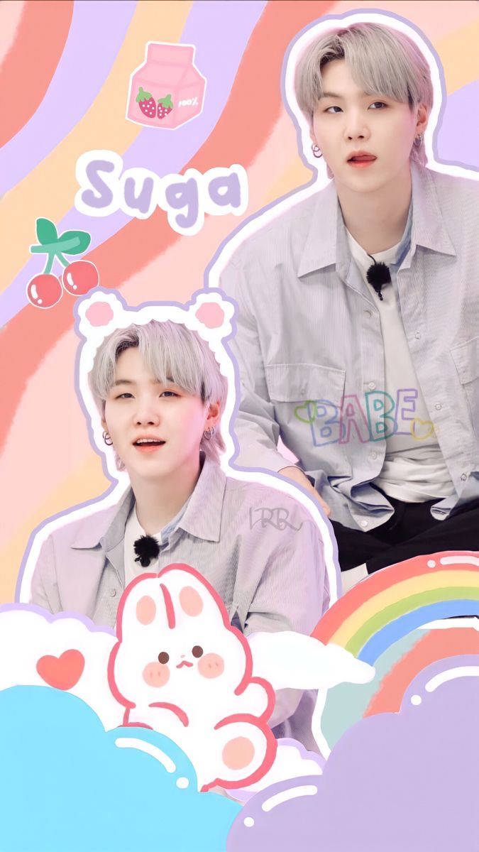 Cute Bts 桌布 壁紙 — 兩位銀髮年輕男子在粉彩彩虹背景中，帶有卡通兔櫻桃和「Suga」文字。